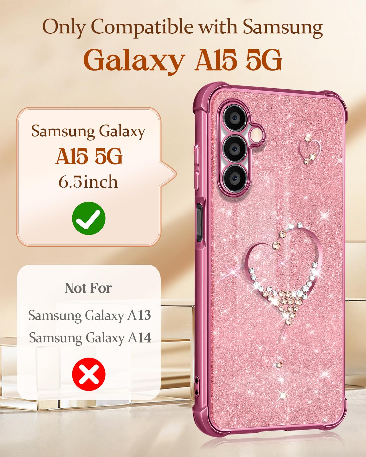 Petitian for Samsung Galaxy A15 5G Phone Case Women Girls Girly A15 5G Cases Cover Glitter Bling Sparkle Diamond with Luxury Elegant Heart Design Fashion Cute Telephone Case 6.5