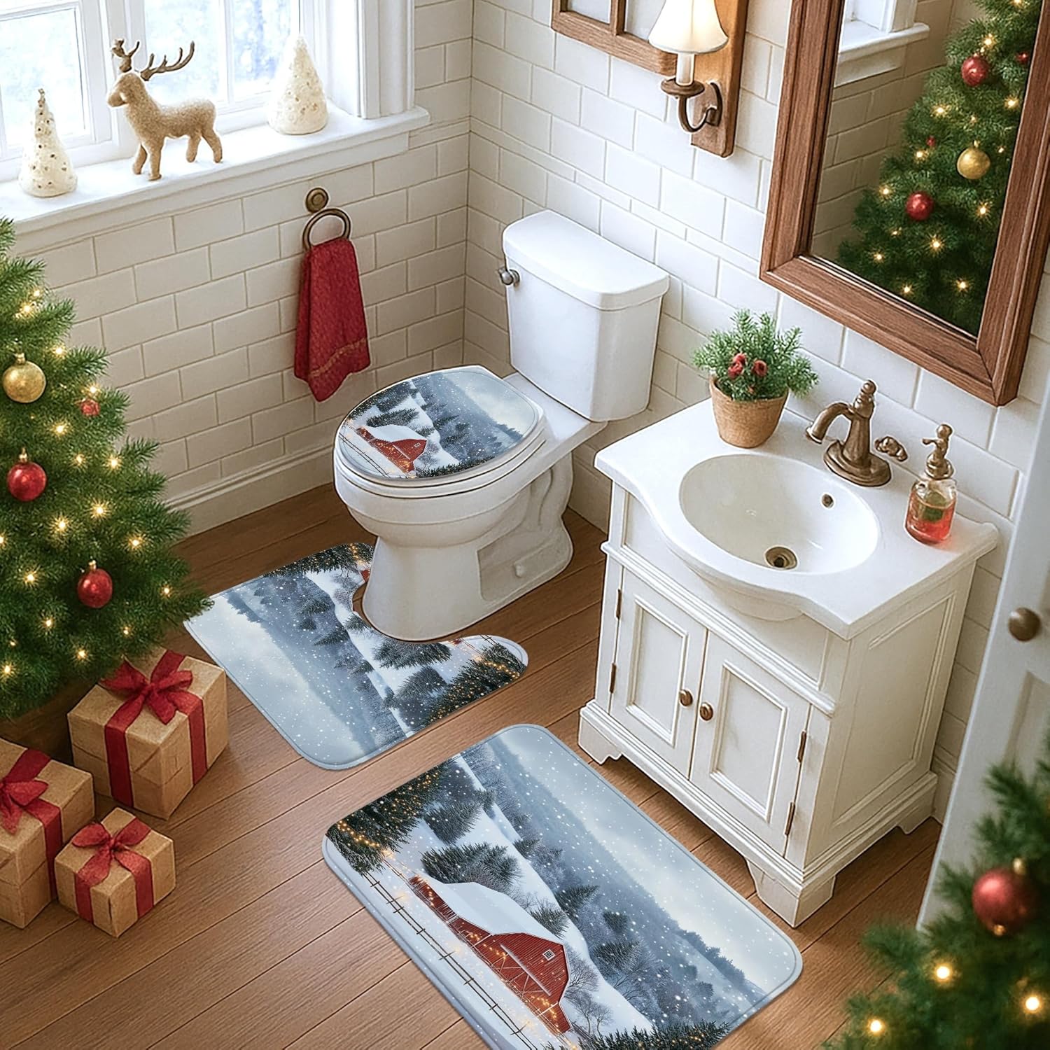 4PCS Winter Farmhouse Christmas Bathroom Sets with Non-Slip Rug, U Shape Toilet Lid Cover Mat, Woodland Xmas Country Barn Bathroom Decoration 72''x72''