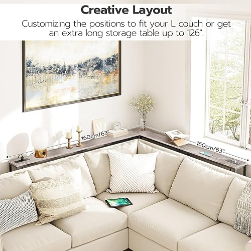 Miniatura 8 de HOOBRO Mesa consola estrecha de 63 pulgadas con estación de carga, mesa de sofá de 5.9 pulgadas con 2 tomas de corriente y puertos USB, mesas de