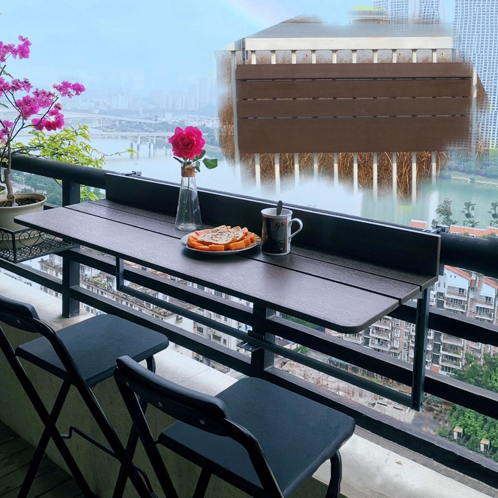 Table suspendue pour balcon marron en alu pliante 80x37 cm pour garde-corps