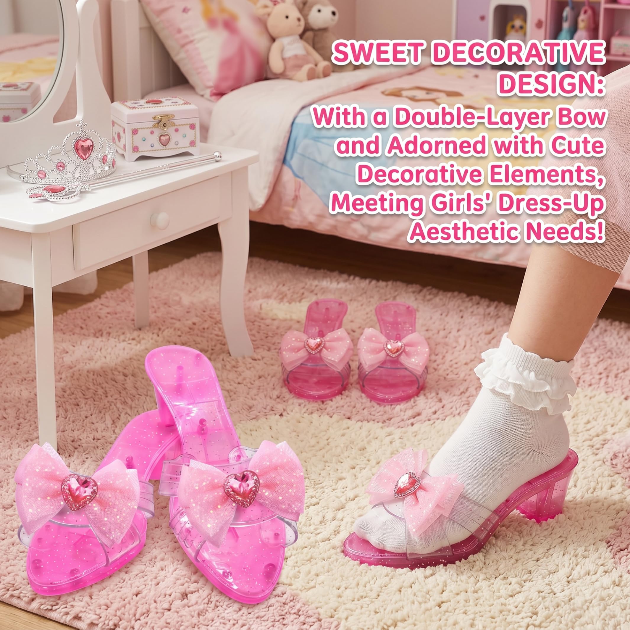 3 Pares de Tacones de Princesa para niñas pequeñas, Zapatos de Vestir Brillantes para niños con Lazos para Juegos de simulación