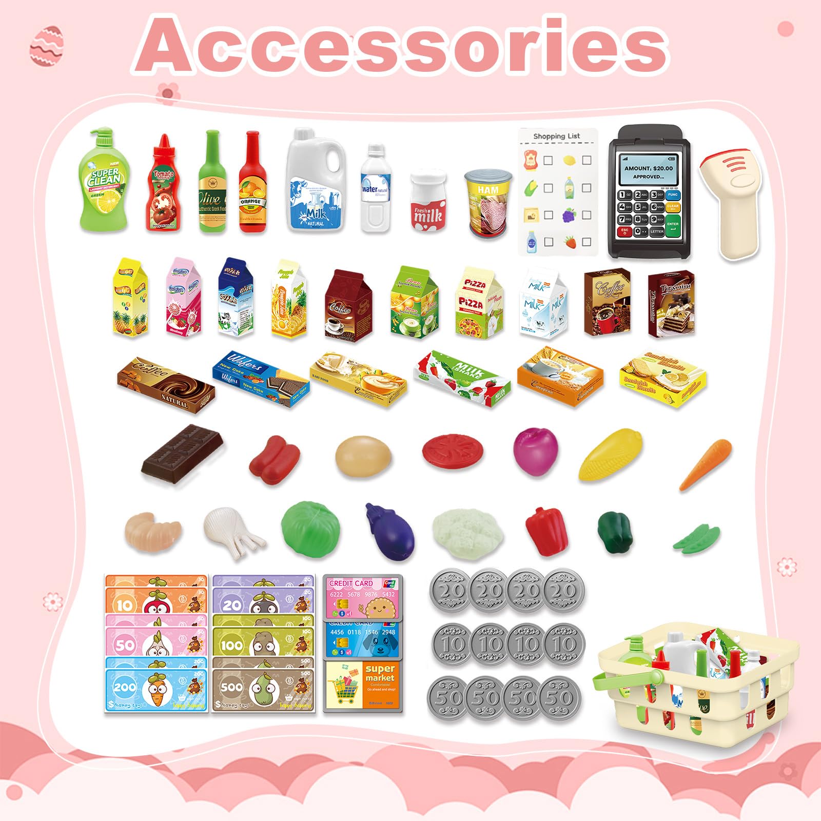 RedCrab Kids Shopping Cart,75PCS Toy Shopping Cart Playset with Food Shop Accessories, Adjustable Shopping Cart Arm,Shopping Basket Grocery Store Games for Ages 3 4 5 67 8+ (Red)