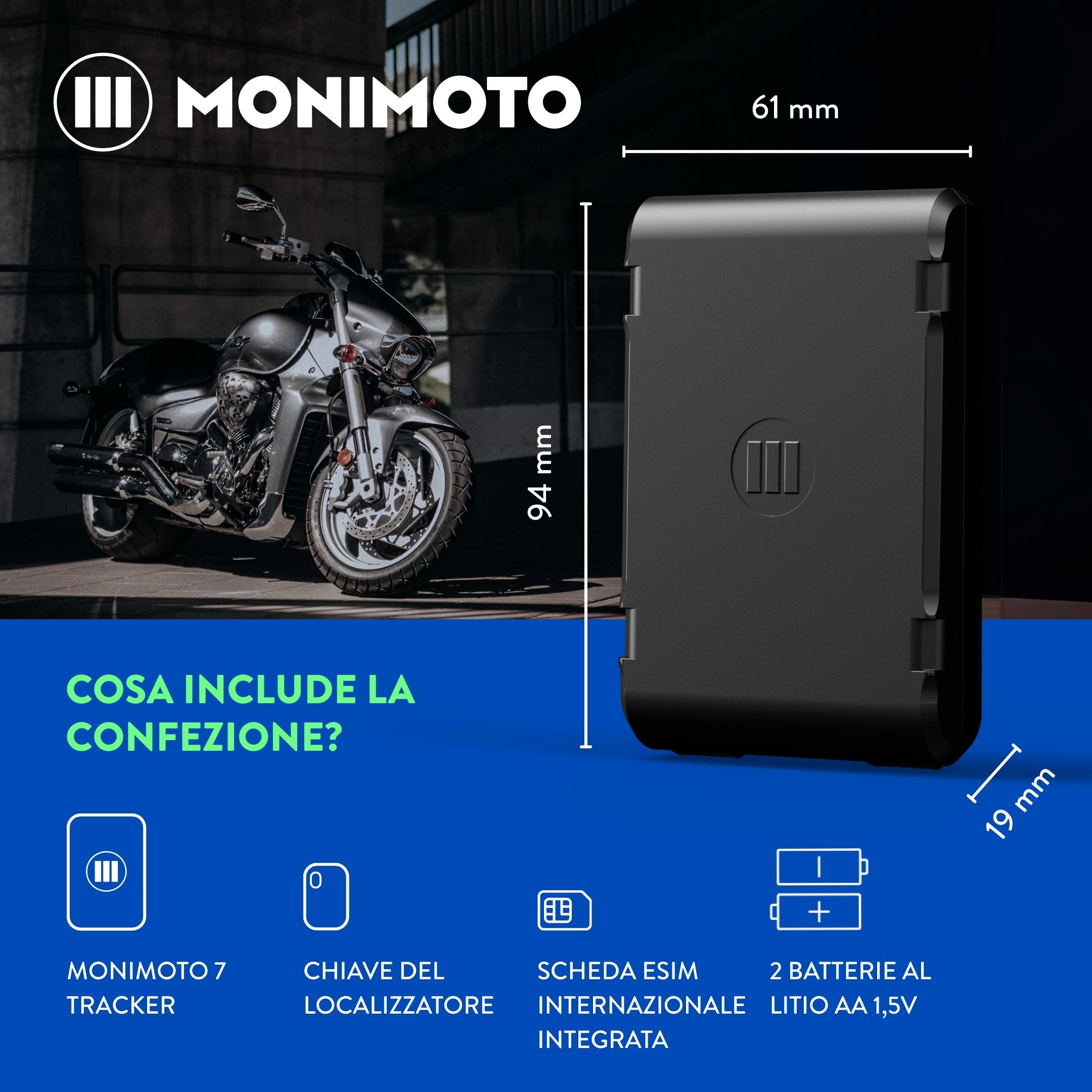 MoniMoto 7 Localizzatore Tracker e Allarme per Moto con Installazione Facile, Senza Fili - Localizzatore Smart GPS per Moto, Tracker GPS per Veicoli, Scooter, Quad Bike ATV, Motoslitte