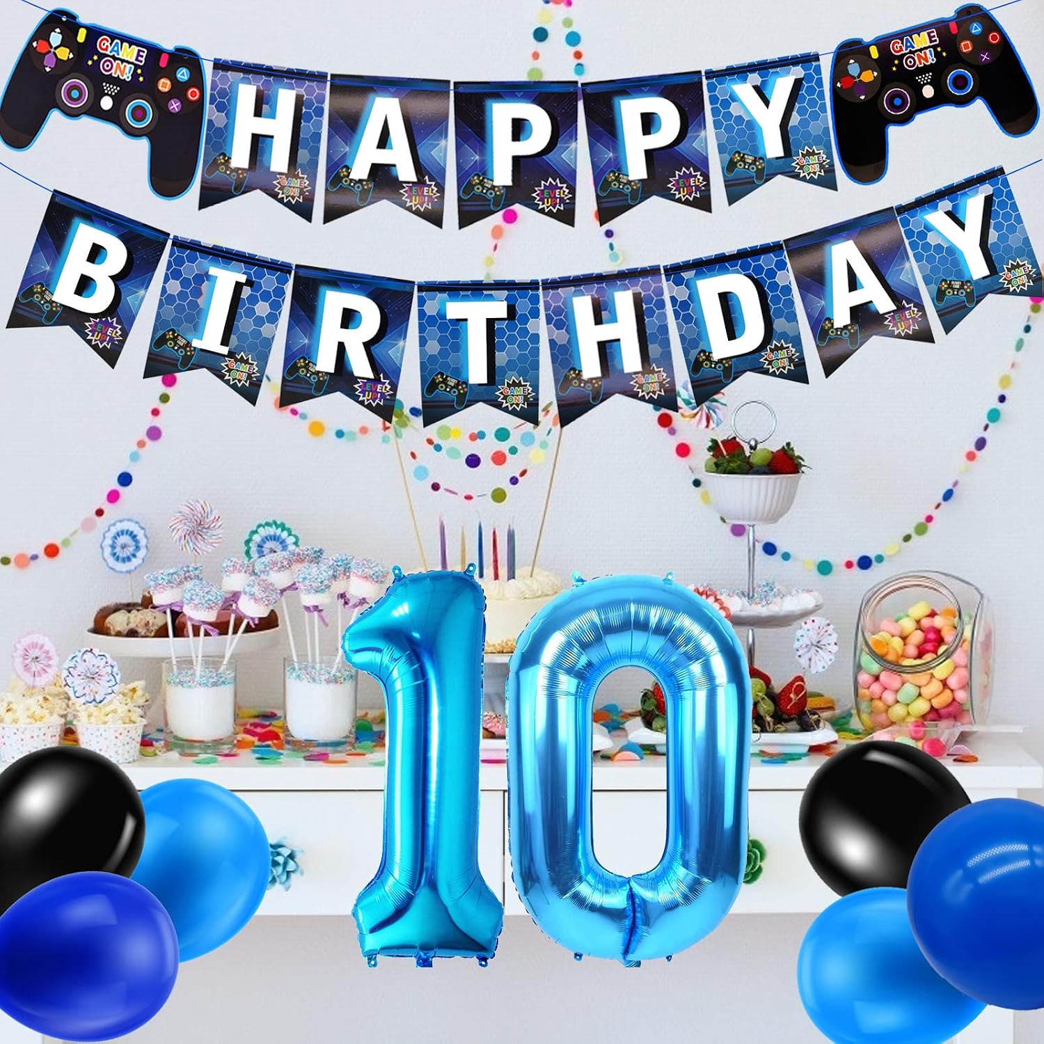 10th Birthday Decorations for Boys Gaming Party Decorations Set for Gamers Happy Birthday Banner Game Controller Balloons Black Blue Balloons for Kids Party Supplies - Image 4