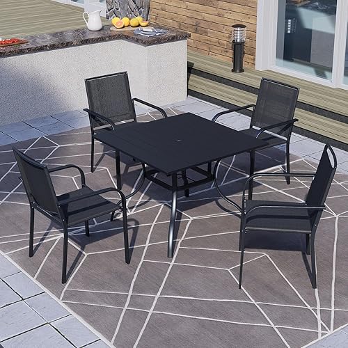Miniatura 2 de Virvla Mesa cuadrada de comedor para patio, mesa de acero al aire libre con agujero para sombrilla 35 x 35 x 28 pulgadas, color negro