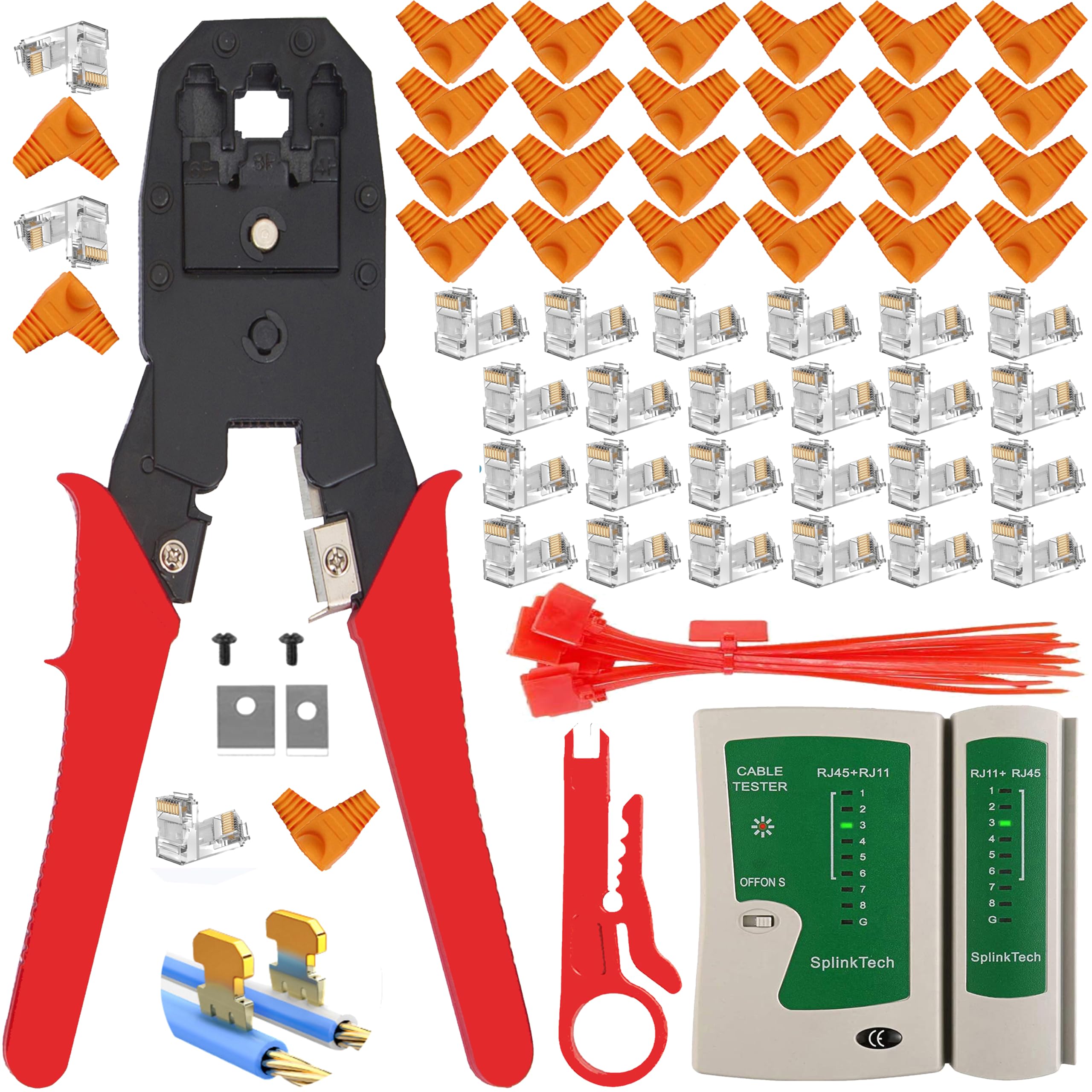 LUBEIN RJ45 Crimper Kit CAT5/CAT6 Crimp Tool Set for RJ11/RJ12 Ethernet Crimping Tool with 20PCS Connectors, 30PCS Covers Network Wire LAN Stripper Kit (RED)
