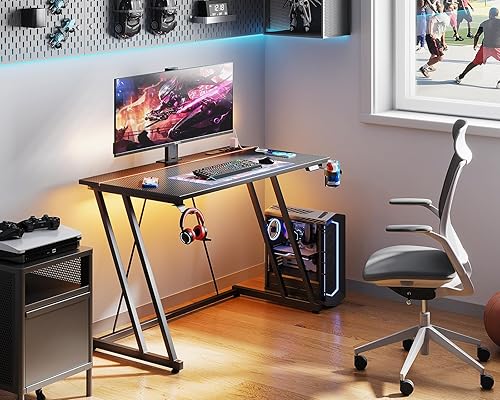 Miniatura 7 de MOTPK Escritorio pequeño para juegos con luces LED y toma de corriente, escritorio de computadora de 39 pulgadas para espacios pequeños, mesa de