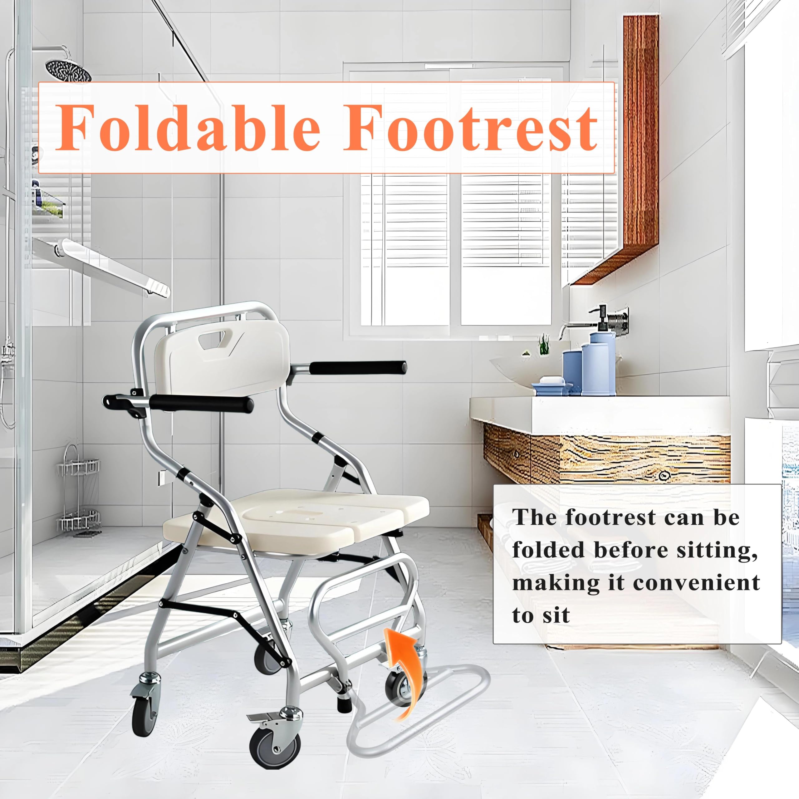 Silla Ducha WC con Ruedas, Silla Ducha Personas Mayores y Pies Abatibles, Silla con Inodoro Incorporado, Taburete de Ducha Plegable con Ruedas para Personas Minusvalidos, Carga 120KG