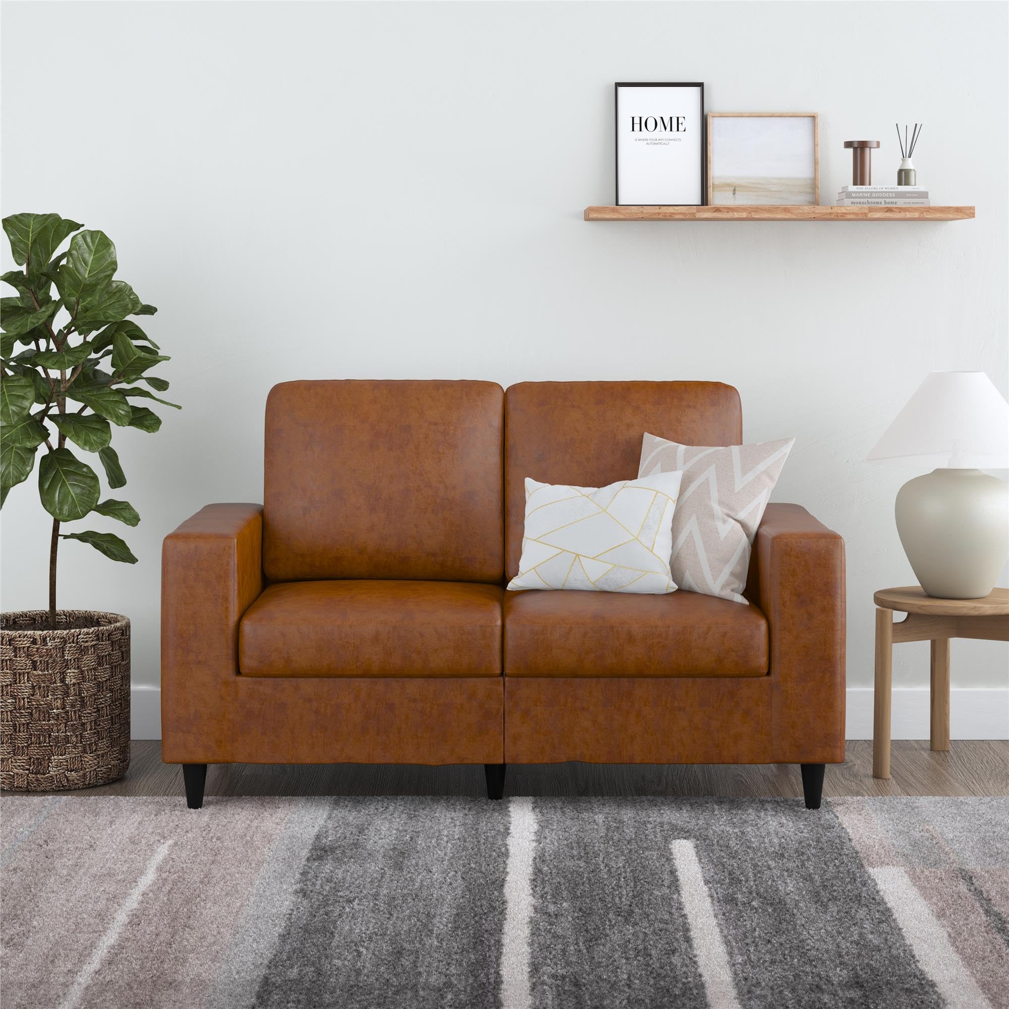 REALROOMS Coral Loveseat 2 Seater Upholstered Sofa, Camel Faux Leather