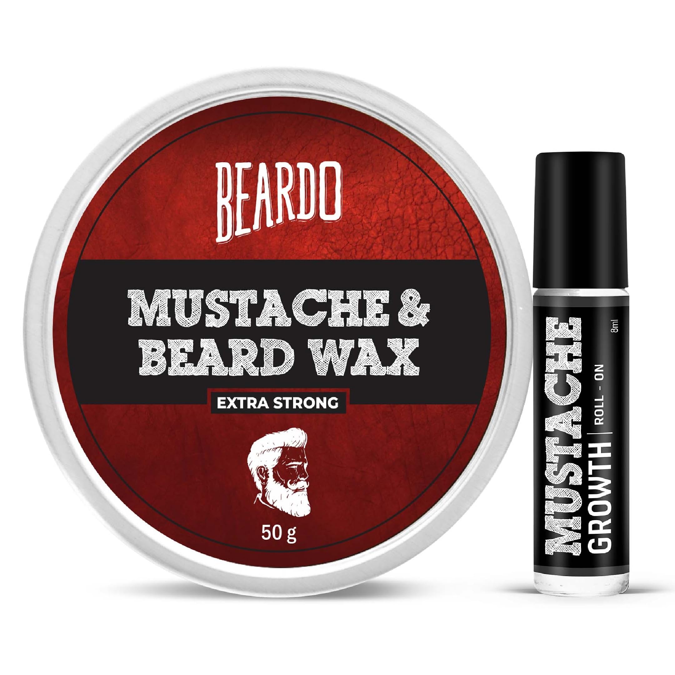Mustache Growth Roll On 8ml with Beard & Mustache Extra Strong Wax 50g | Beard Styling Wax, Mustache Growth Serum, Thick Beard Styling Kit for Men (Pack of 2)