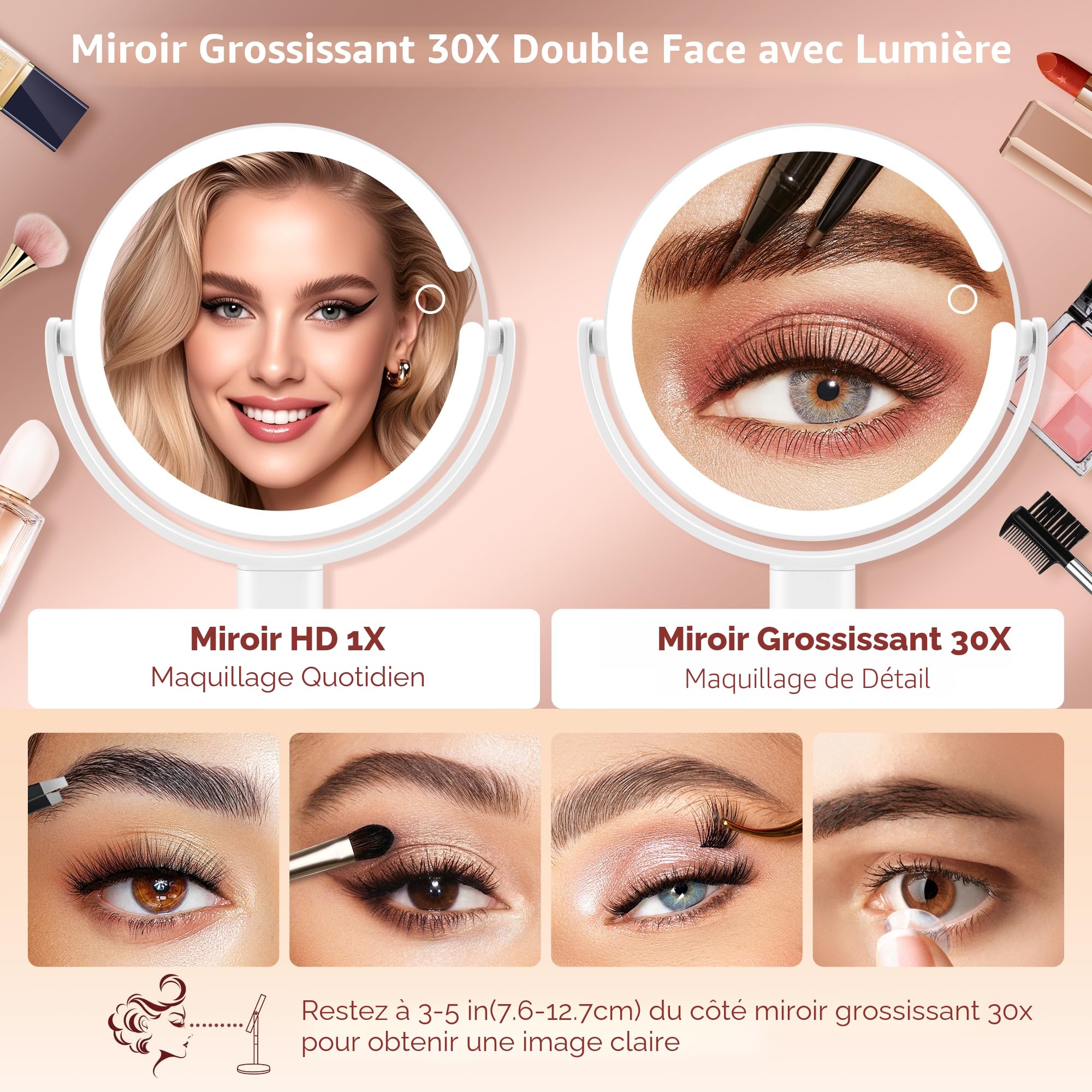 B Beauty Planet Miroir de Maquillage Éclairé 30X LED 3 Couleurs Intensité Variable Réglable en Hauteur Miroir Cosmétique 2 Côtés Blanc