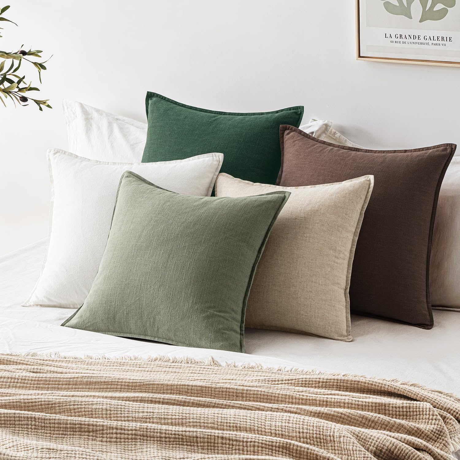 EMEMA Throw Pillow Covers Decorative Linen Pillow Covers 24x24 Inch Light Olive Green Boho Farmhouse Neutral Couch Throw Pillows for Bed Pack of 2 Accent Pillowcase Modern Sofa Cushion Livingroom Home
