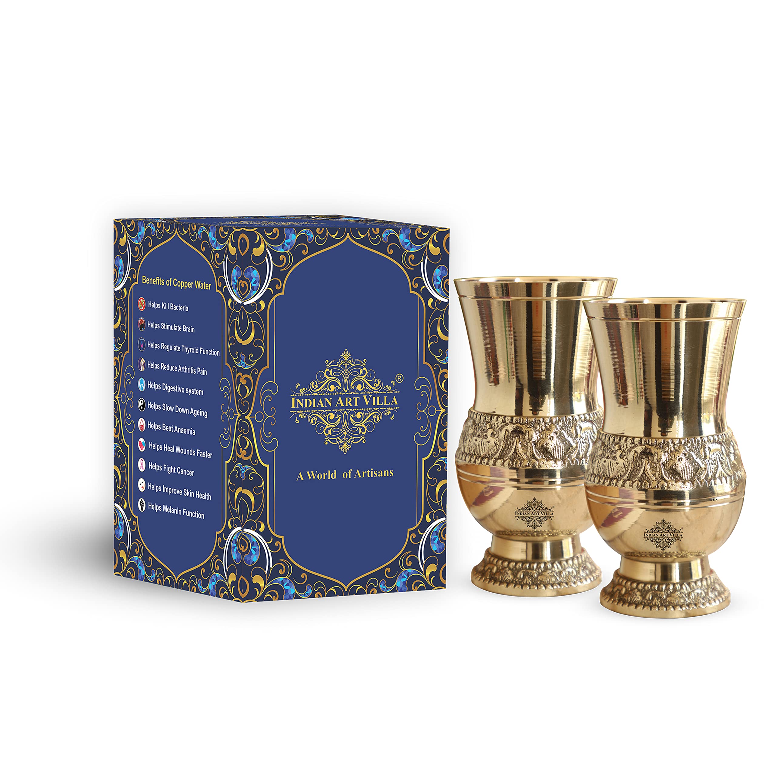 Indian Art Villa Pure Brass Glass Tumbler With Embossed Mughlai Goblet Design Serveware Drinkware Volume-8 Oz Set of