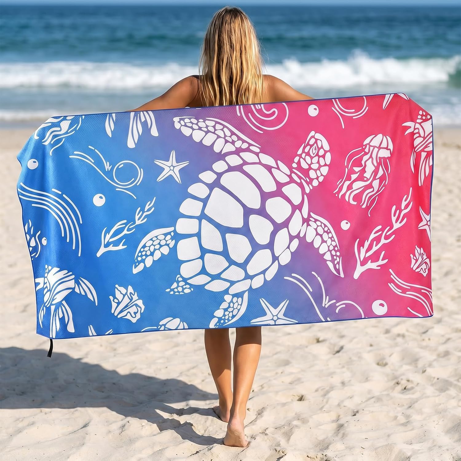 Oversized Beach Towel Thin, Pink Blue Ombré Turtle Marine Organisms Pool Towel, Large Lightweight Sand Resistant Quick Dry Soft Absorbent Compat Towels for Adult Summer Swim Camping Travel, 35"x71"