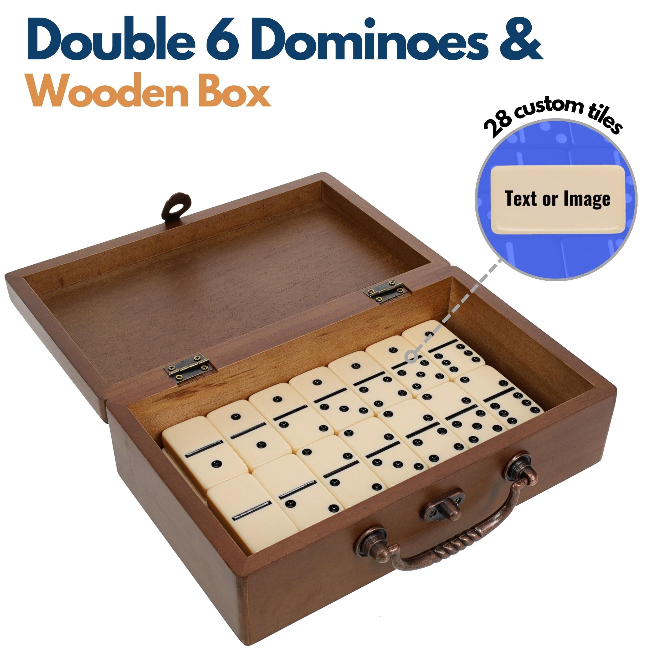 WE Games Custom Engraved Double 6 Dominoes in Wooden Treasure Box, Dominoes Set for Adults, Personalized Gifts