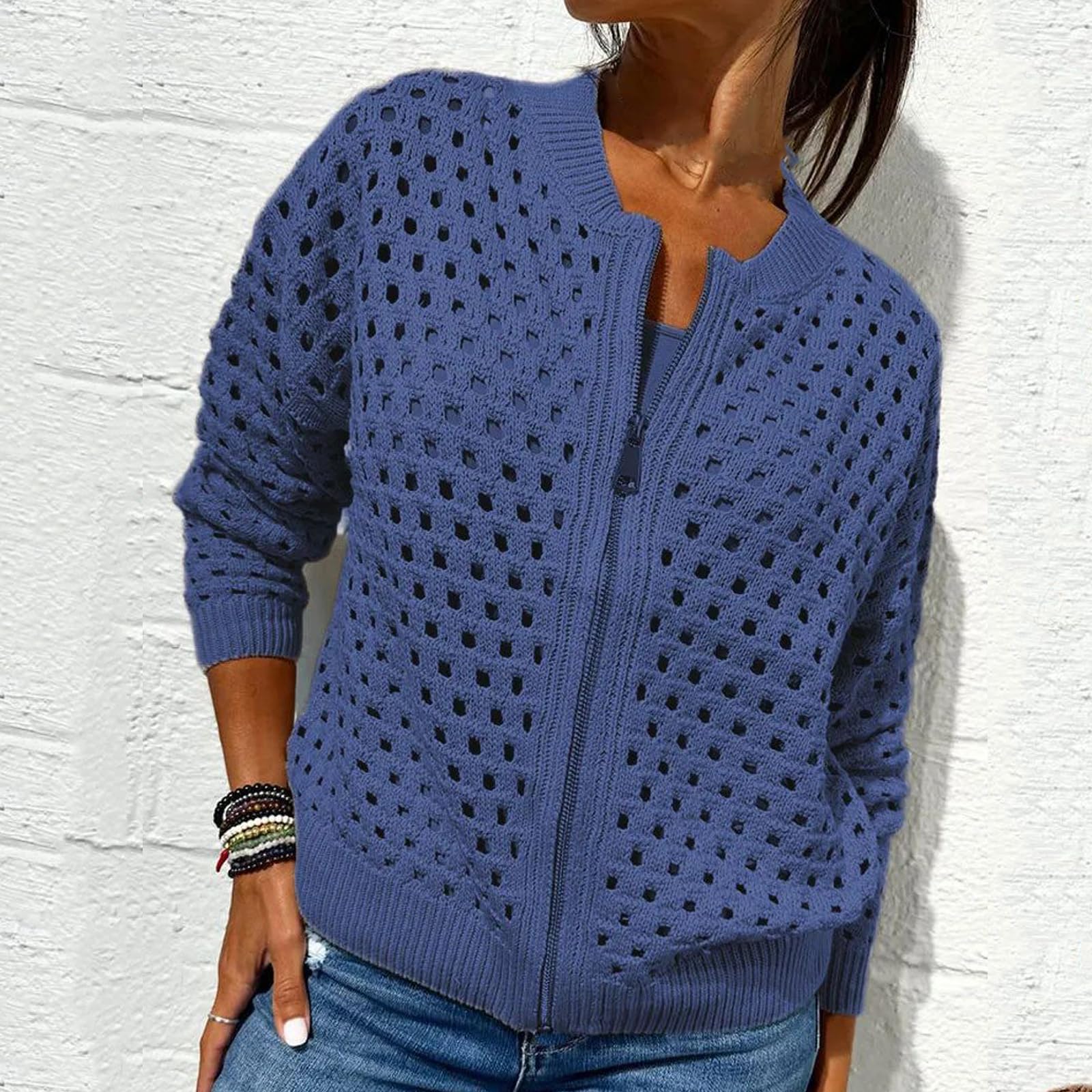 Chaqueta de punto para mujer con cremallera y recortes, suéter de ganchillo con cremallera para mujer, parte superior de punto hueco para mujer, prendas de abrigo de punto de ganchillo