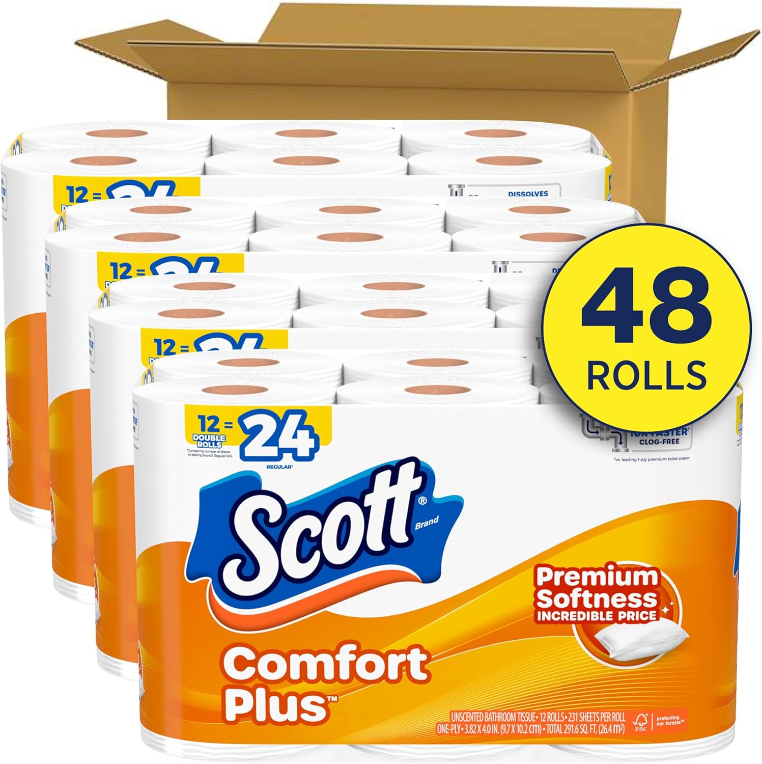 scott comfortplus toilet paper, 48 triple rolls, 231 sheets per roll, septic-safe, 1-ply toilet tissue triple 231 sheets (pack of 48)