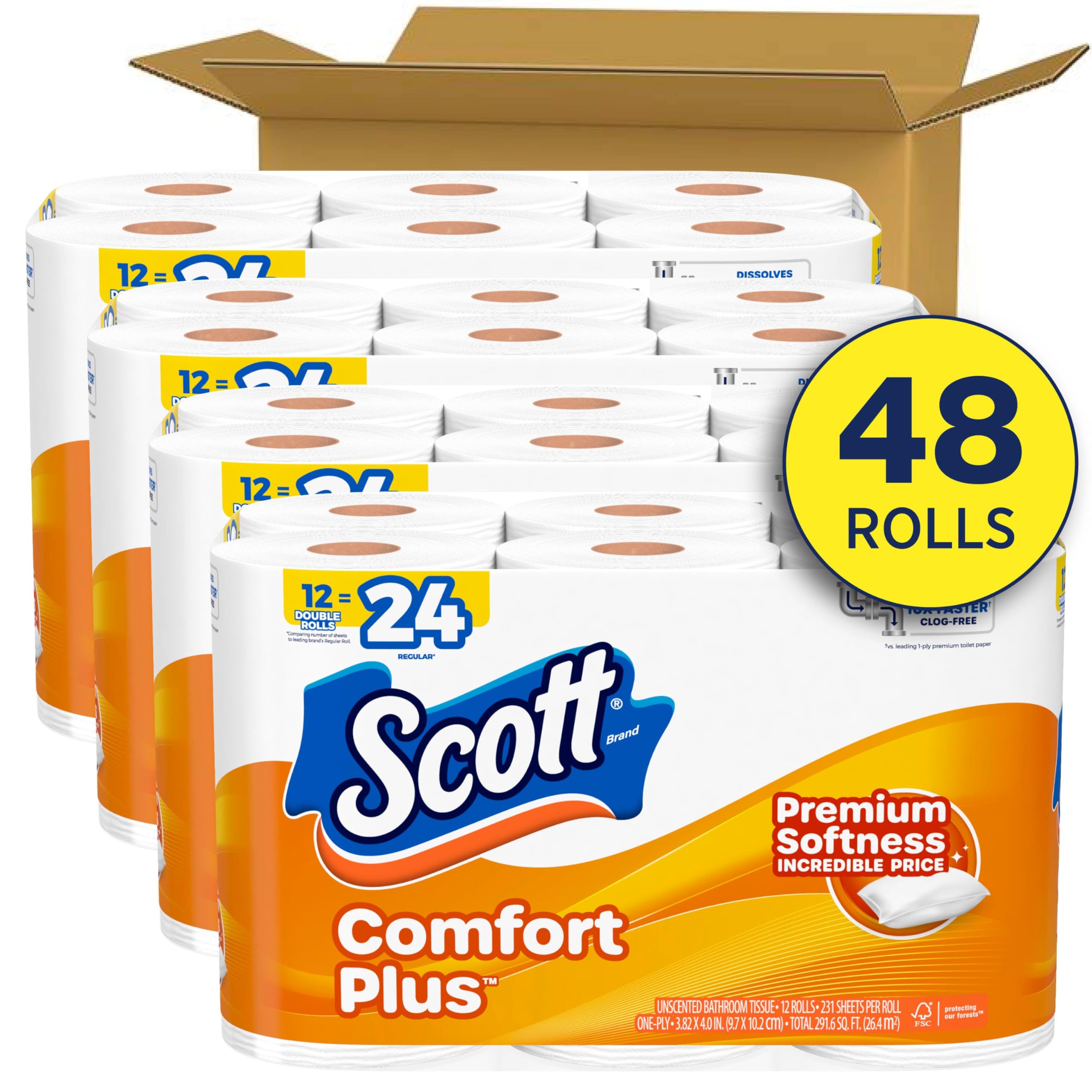 Scott ComfortPlus - Carta igienica, 48 rotoli doppi, 231 fogli per rotolo, sicuri per settici, 1 strato