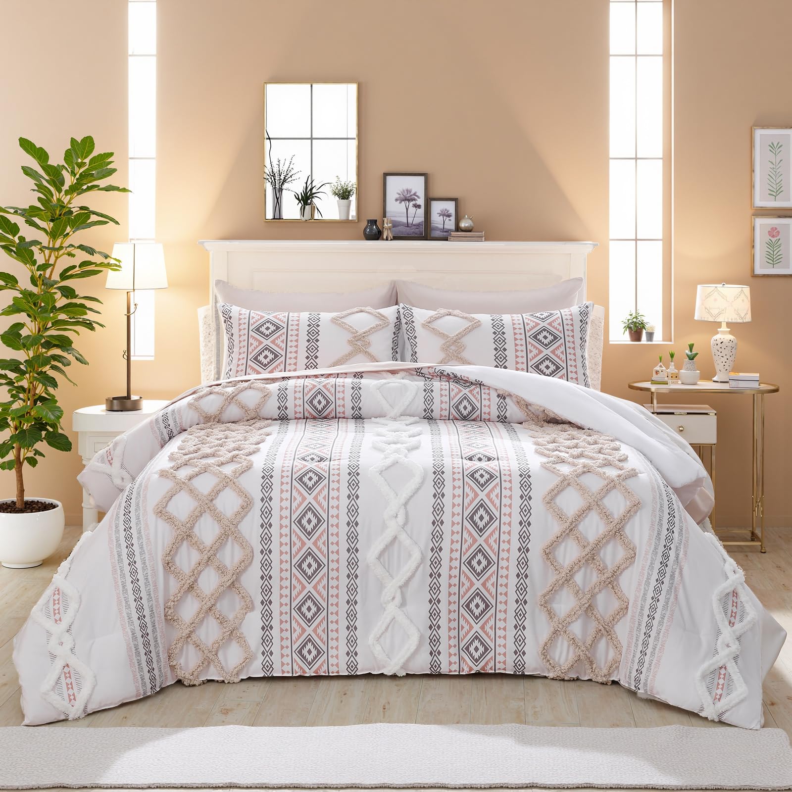 MOVE OVER Beige Tufted Comforter Set Queen Size 7 Pieces Farmhouse Bedding Set Boho Aztec Comforter Set and Sheet Set Mid Century Boho Tufted