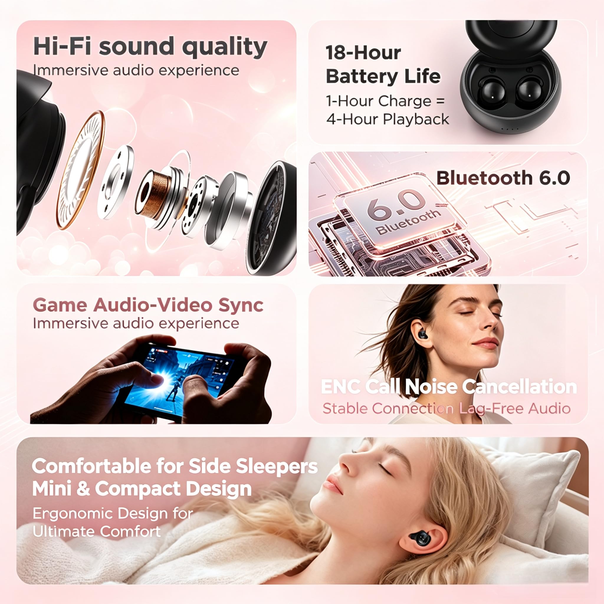 NE91 - Auriculares in-ear para dormir, mini auriculares Bluetooth inalámbricos para dormir de lado, auriculares ultraligeros de 2,4 g, cancelación de ruido de llamada adaptativa (negro)