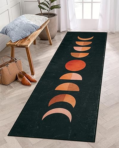 Lanffia Alfombra bohemia de 2 x 6 pies, alfombra de pasillo de fase lunar, lavable, alfombra de lana sintética para interiores, alfombra de pelo