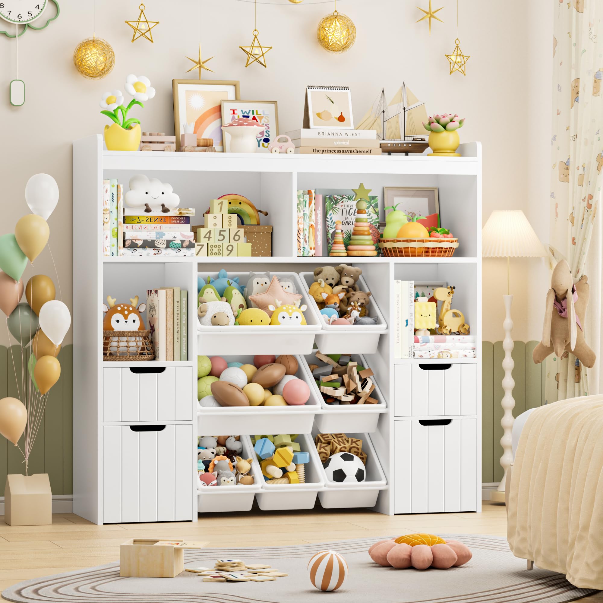 HOCSOK Mueble Almacenaje Juguetes, Mueble Juguetes Organizador, Librería Infantil Montessori, Estantería Infantil para Jugetes y Libros, Organizador Juguetes Infantil, Blanco, 122 x 118 x 30 cm
