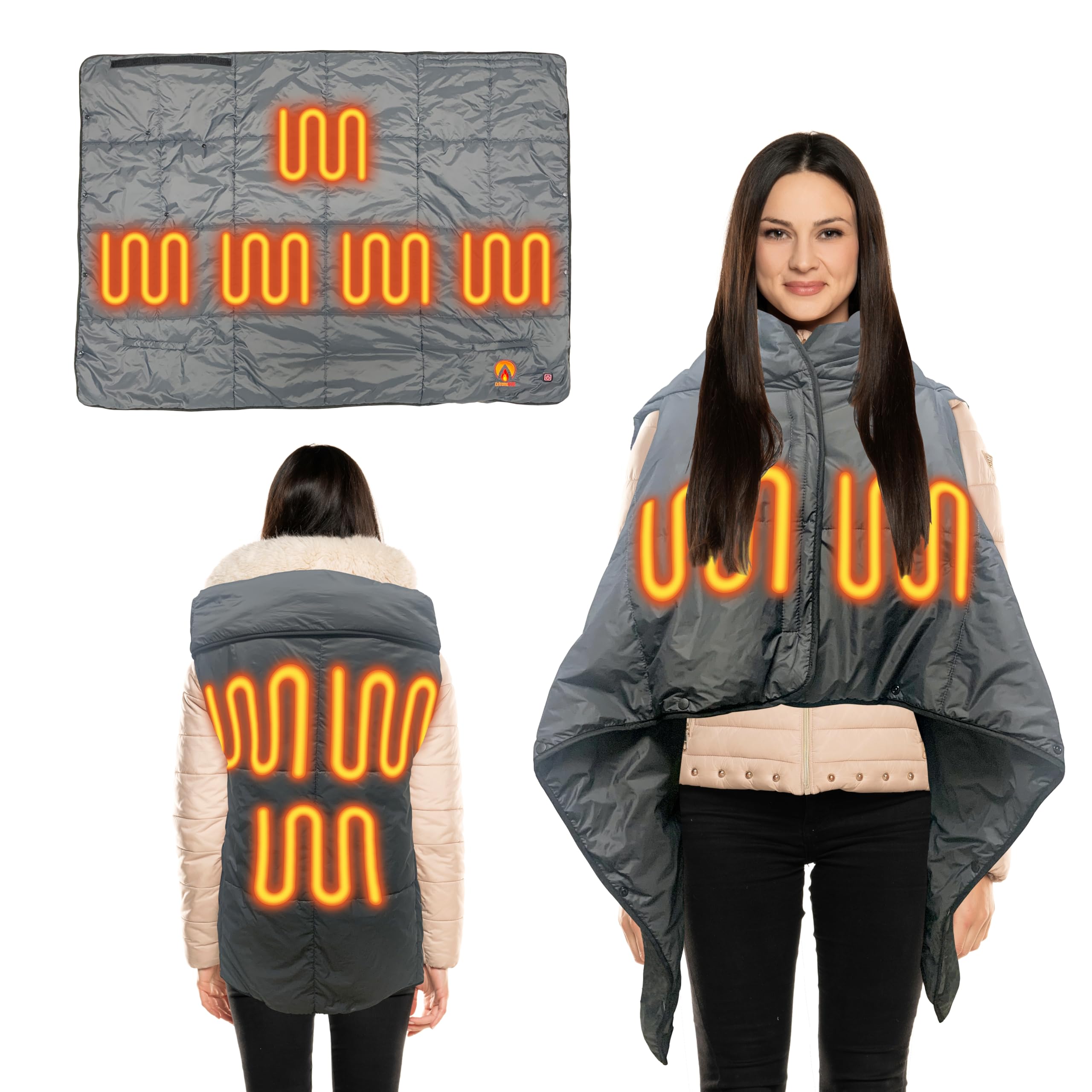 ExtremeHEAT Convertible Heated Blanket/Poncho/Wrap with 5 Heating Zones | Portable Heated Blanket for Indoor/Outdoor Use, Camping | Cordless Heated Blanket | 3 Heat Settings | w/ 10,000mAh Power Bank