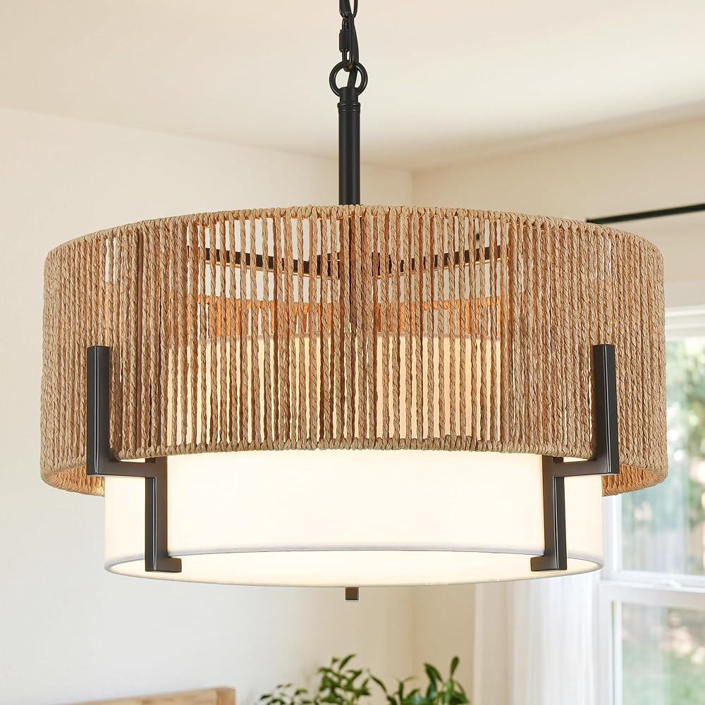 4-Light Rattan Chandelier for Dining Room, 16.8" Farmhouse Pendant Light with Fabric Shade, Boho Handwoven Drum Chandeliers Coastal Ceiling Hanging Lighting for Living Room Foyer Entry Kitchen Island — 사진 1