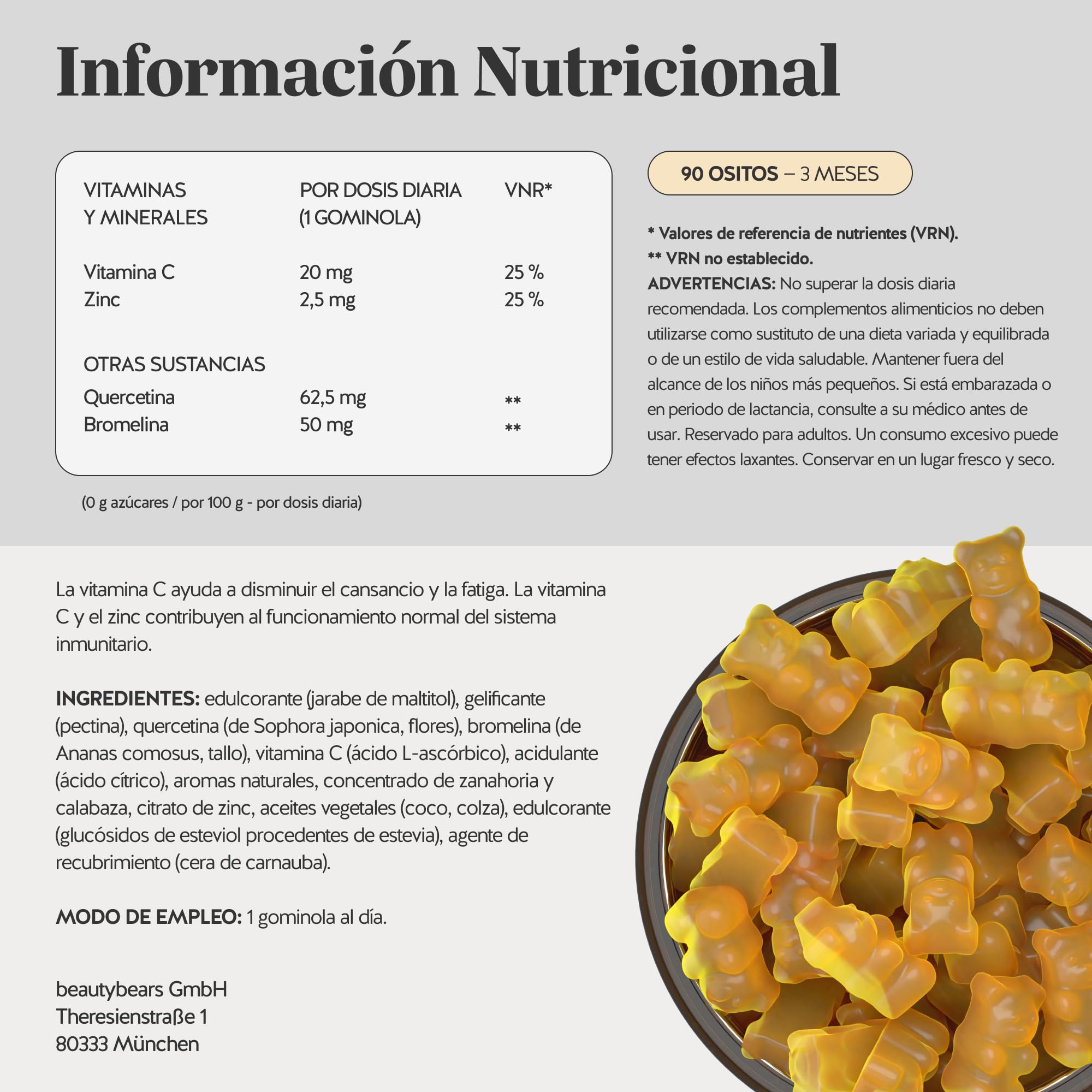 Quercetina y Bromelina Gominolas - Bye Bye Sniff Relief Complex - con Vitamina C y Zinc - Sistema inmunitario y fatiga - 90 unidades (3 meses) - Vegano, Sin azúcar - Bears with Benefits