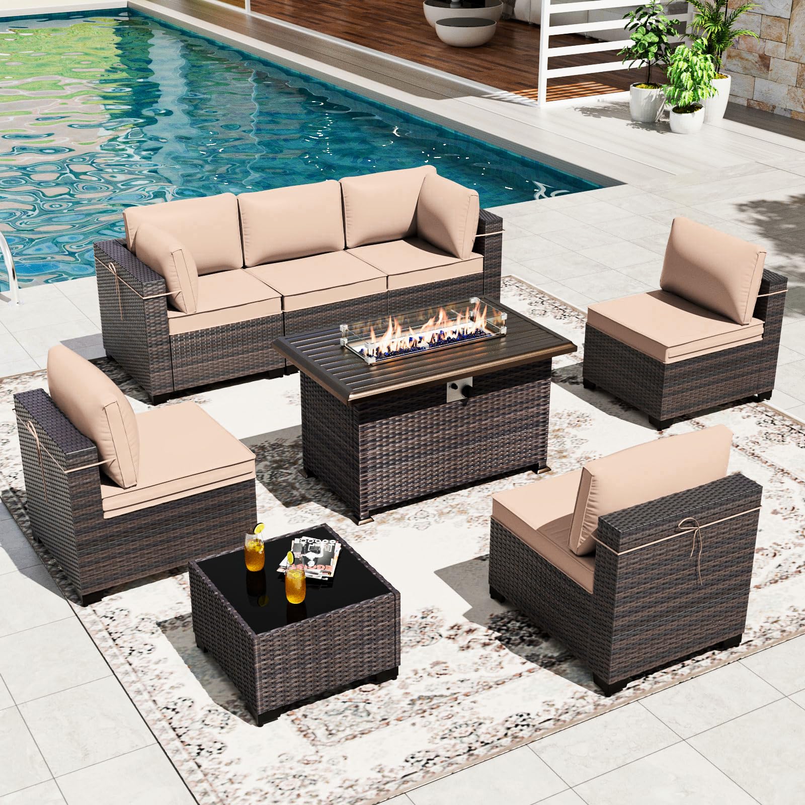 Gotland 8 Pieces Patio Furniture Set with 55000BTU Fire Pit Table, 6 Seater Wicker Patio Set with 29.5'' High Backrest Thick Cushions 1 Coffee Tables for Porch, Deck, Garden Khaki