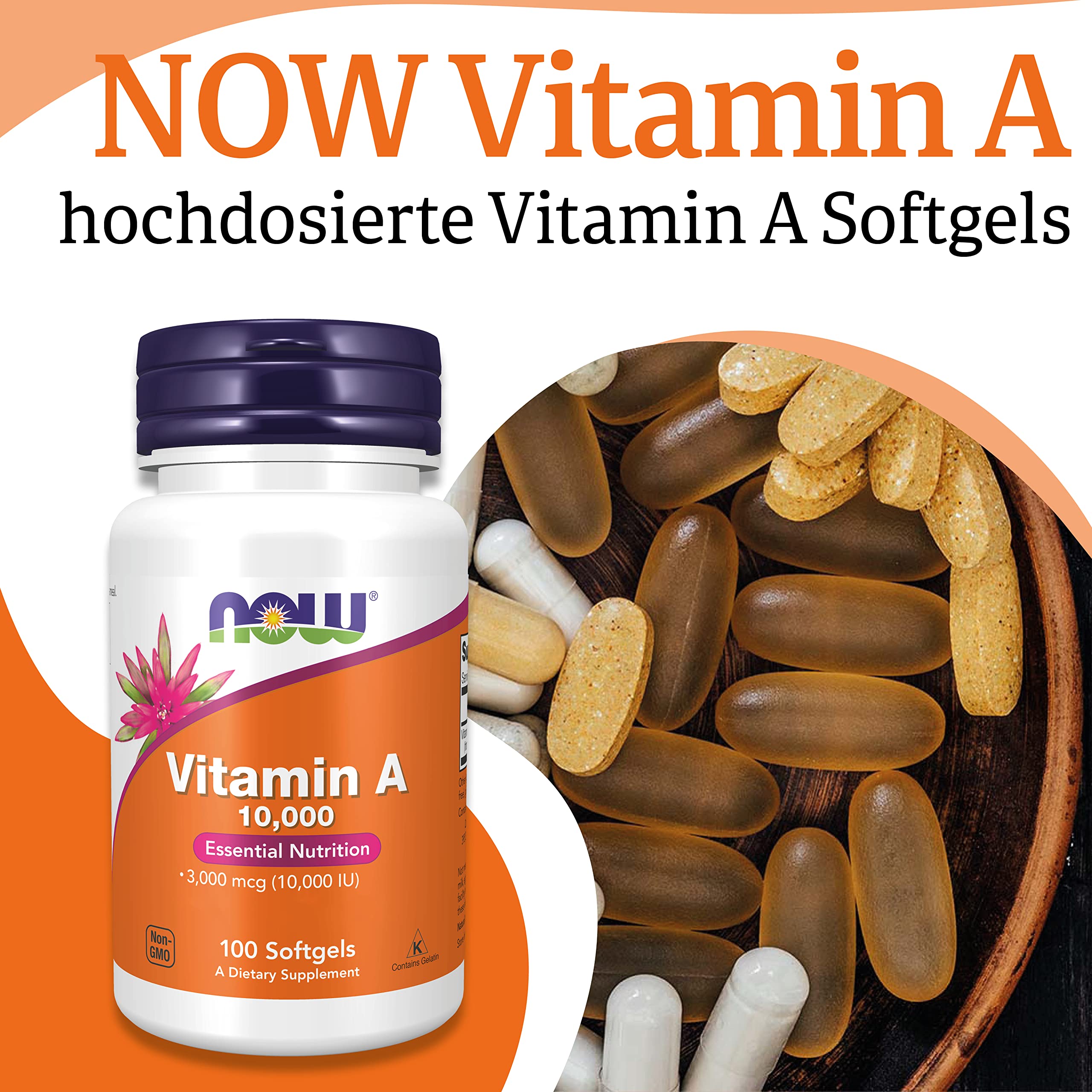 Now Foods, Vitamin A, 10.000IU (3.000mcg), aus Retinylpalmitat und Lebertran, Hochdosiert, 100 Kapseln, Laborgeprüft, Glutenfrei, Sojafrei, Ohne Gentechnik