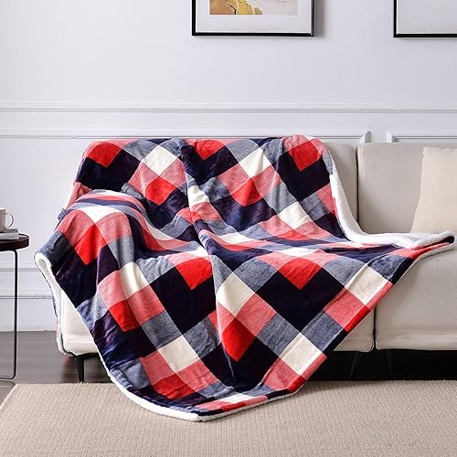 Vista 28 de SOCHOW Manta de forro polar Sherpa a cuadros de doble cara, súper suave y lujosa manta de cama de 50 x 60 pulgadas, rojo/gris