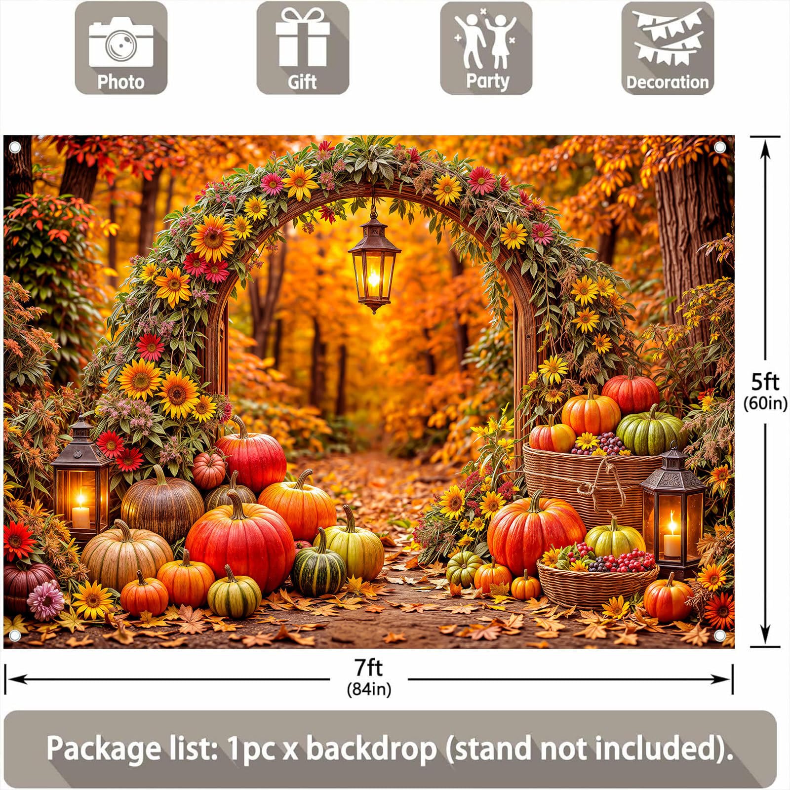 Fondale fotografico autunnale per il Ringraziamento, 2,1 x 1,5 m, con zucca, raccolto e arco, con girasoli, foglie d'acero e lanterne, per servizi fotografici di famiglia, accessori per foto e