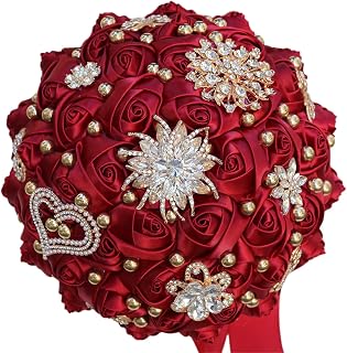 Bridal Wedding Bouquet for Bride Bridesmaid Wedding Quinceanera Throw Toss Artificial Rose Flower Bunch with Bling Brooch (07G#Wine red, Large (Dia. 9.8"/24cm))