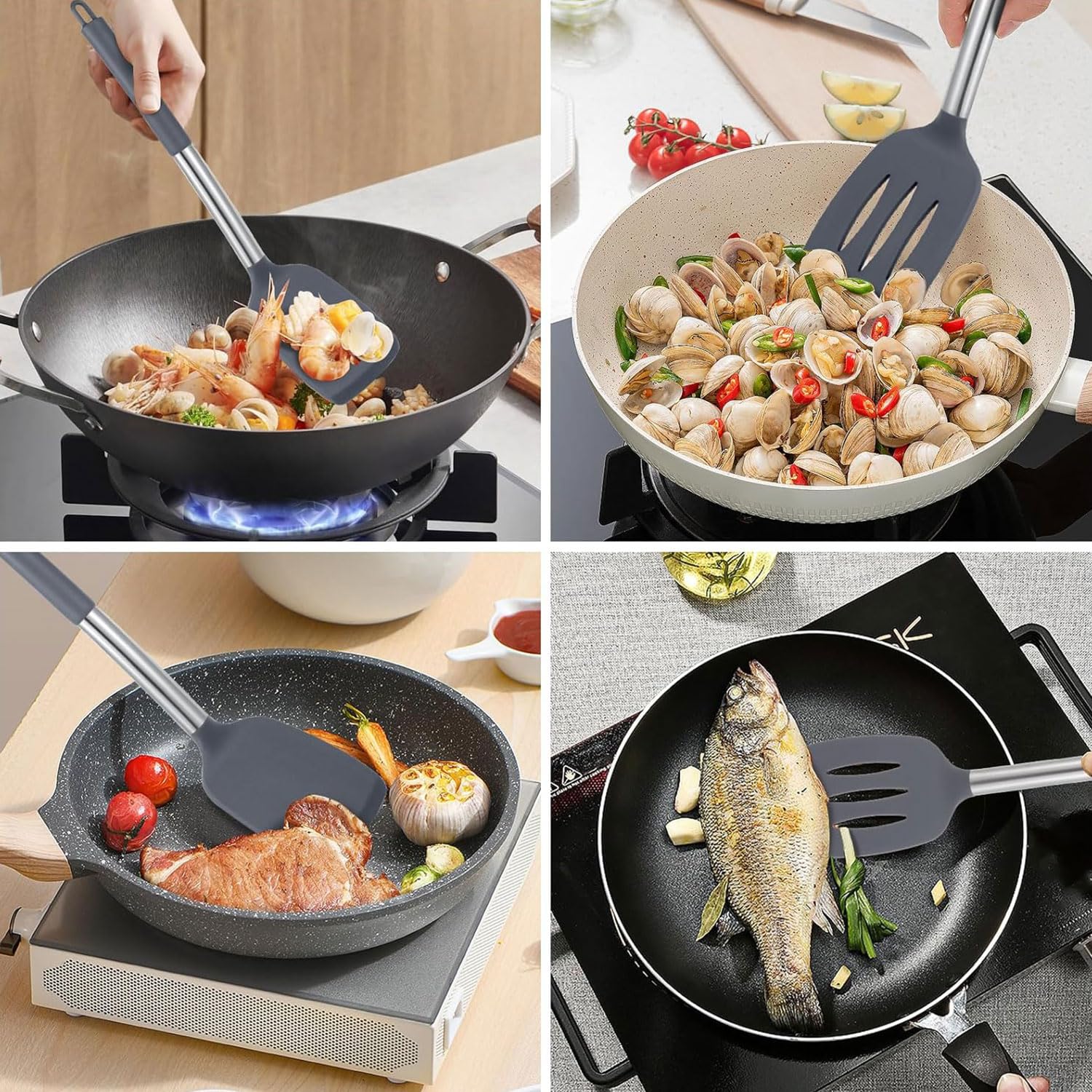 Carrot - Paquete de 2 espátulas de cocina ranuradas antiadherentes, resistentes al calor, sin BPA, utensilios de cocina ideales para pescado, huevos, panqueques (gris)