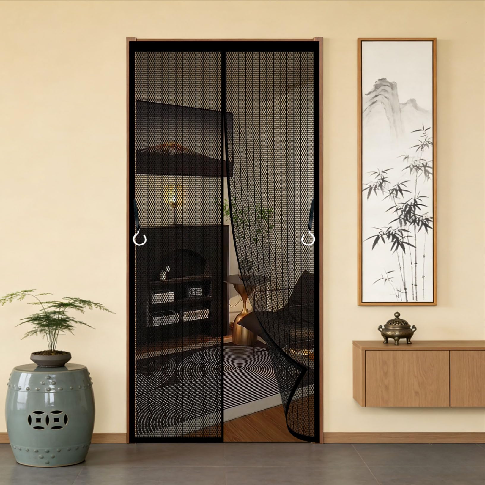 Magnetic Screen Door 93 x 165 cm with Powerful Magnets and Full Frame Magic Tape Insect Protection Door Self Sealing No Gap, Pet-Friendly for Home, Office and Store, Black