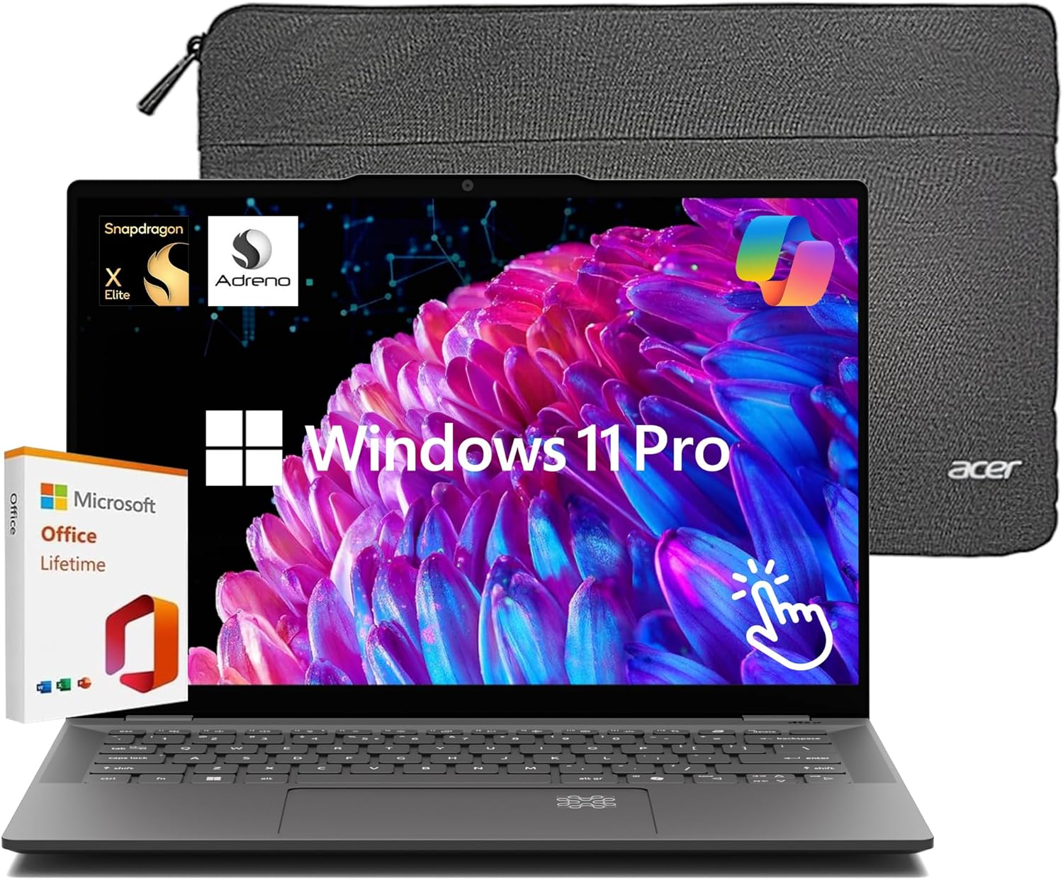 acer Swift 14 Laptop, 14.5’’ 2560 x 1600 120Hz Touchscreen, 12-Core Snapdragon X Elite Processor, 16GB LPDDR5X 1TB SSD, 26 Hour Battery, WiFi 7, FP, Copilot AI, Windows 11 Pro with Lifetime MS Office