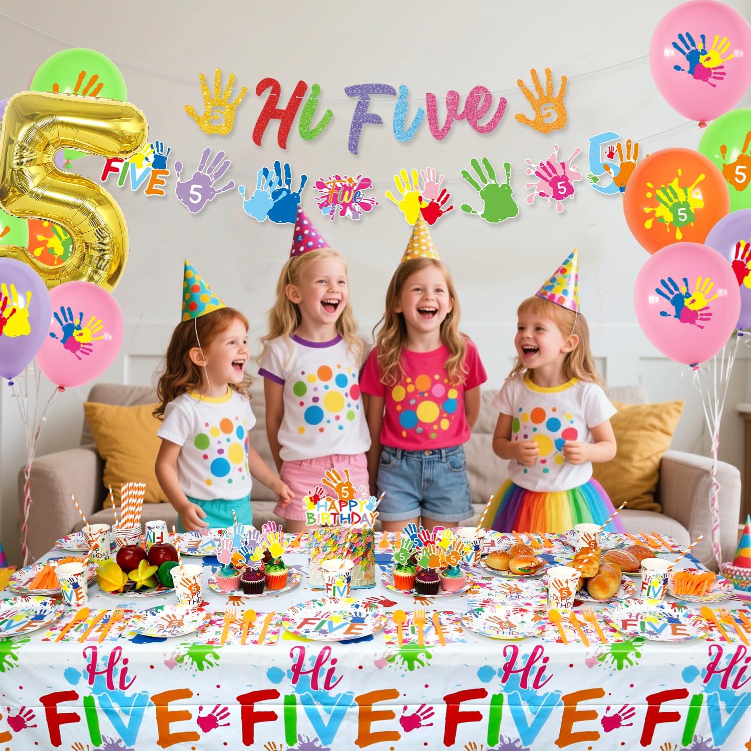 Hi Five Party Decoration ,Including Hi Five Party Banner, Dinner Plates, Dessert Plates, Cups, Napkins, Tablecloth, Straws, for Kids Boys Girls 5th Birthday Supplies Serves 20