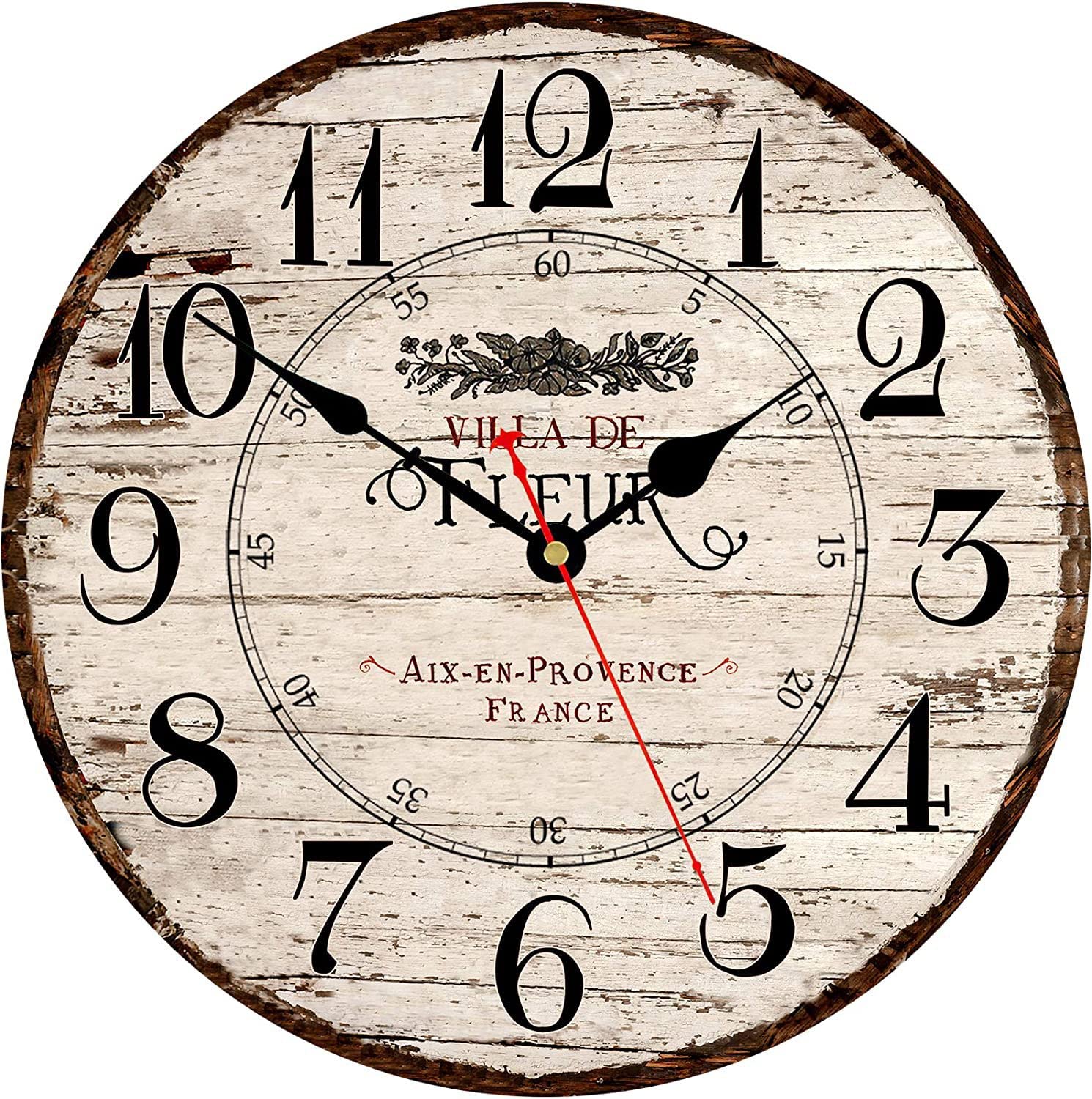 Toudorp 12 Inch Wall Clock - Easy to Read Arabic Numerals, Quiet Non-Ticking Battery Operated, Retro French Country House Style Decor