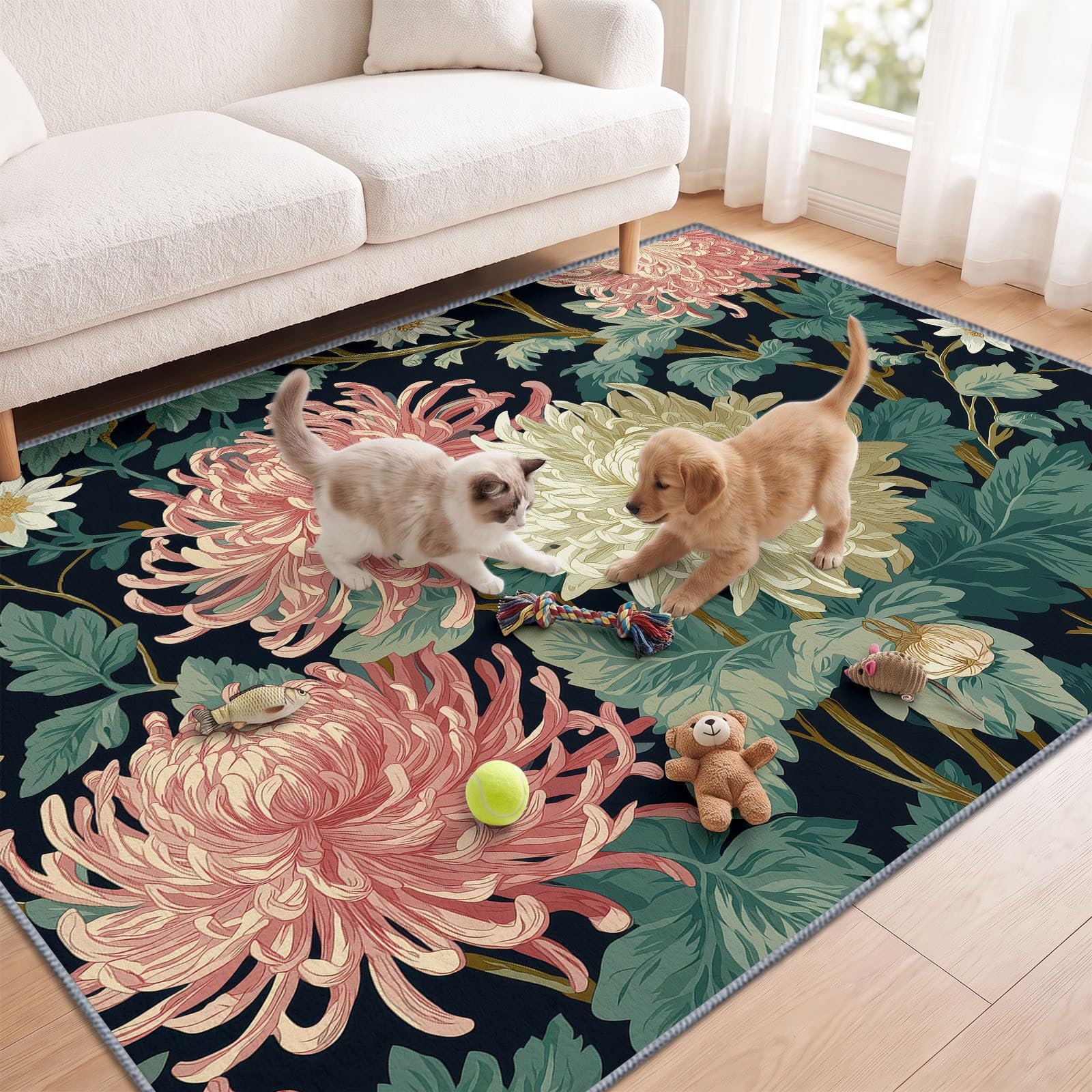 Generisch Chrysantheme Dahlie Kurzflor Teppich 240 x 300 cmweich pflegeleicht, Klassisch Handwerk Pflanze Waschbarer Teppich rutschfest Kurzflorig Weich für Wohnzimmer Schlafzimmer Esszimmer
