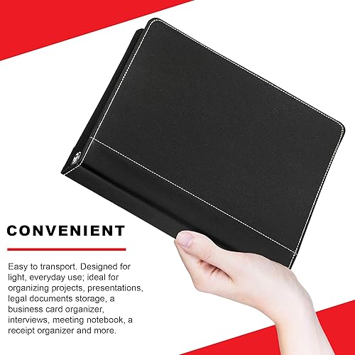 Miniatura 4 de Twain Carpeta de cuero vegano con costuras en contraste negro con anillo redondo de metal de níquel de capacidad de 1 pulgada, organizador de