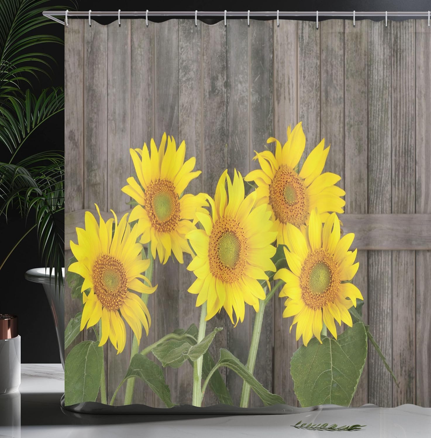 Ambesonne Sunflower Shower Curtain, Helianthus Sunflowers Against Weathered Aged Fence Summer Garden Photo, Cloth Fabric Bathroom Decor Set with Hooks, 69" W x 75" L, Brown Yellow Green