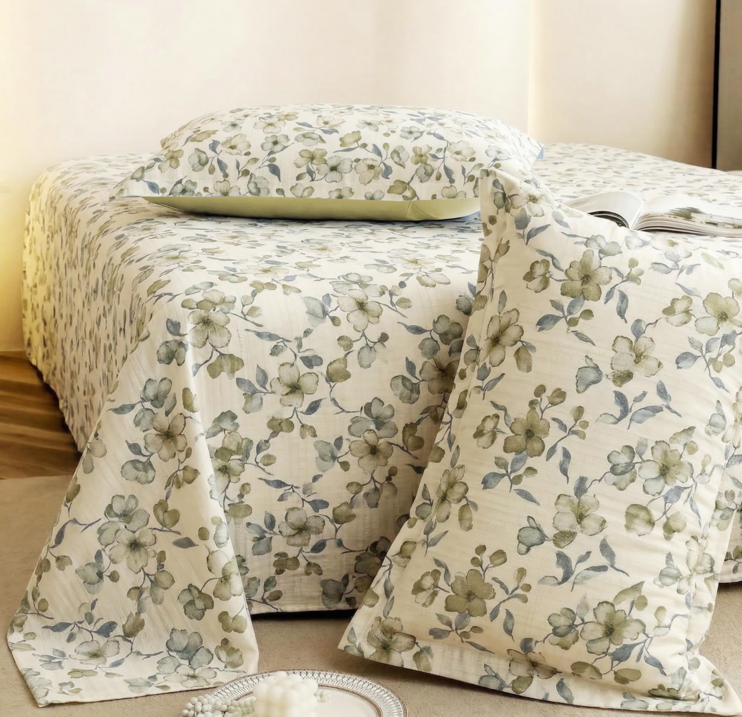 VAS COLLECTIONS King Size Bedsheet Set Cloud Cotton 270x240 cm | Soft Breathable Flat Bed Sheet with 2 Pillow Covers |Floral Printed Bedsheet for King Bed | Durable Bedding Set, Sage Green
