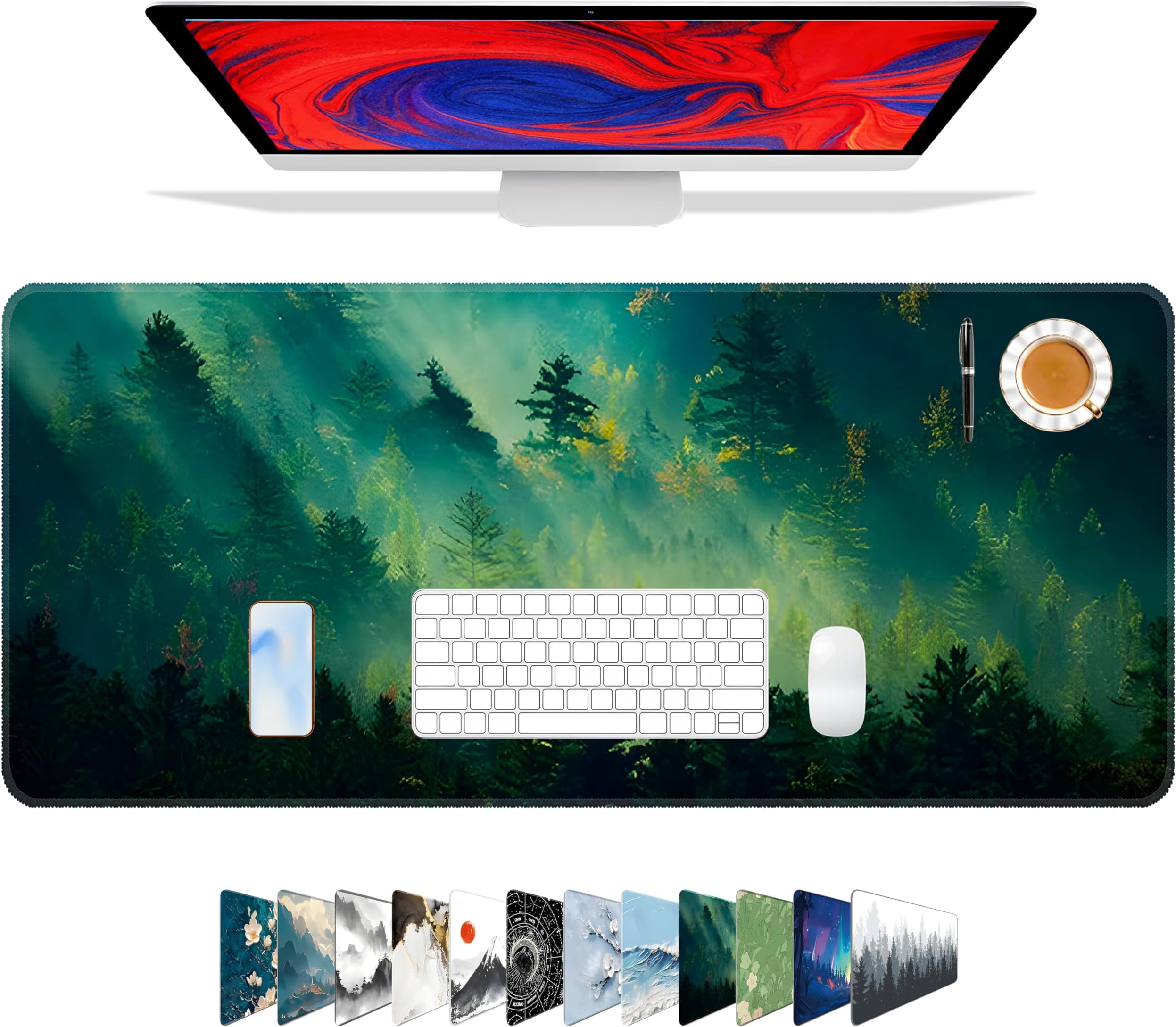 Galdas Mouse Pad,Office Desk Mat Large Gaming Keyboard Pad Durable Stitched Edges Washable Smooth Surface Control & Accuracy Extended Computer Mouse Mat (31.5X11.8In)-Green Forest…