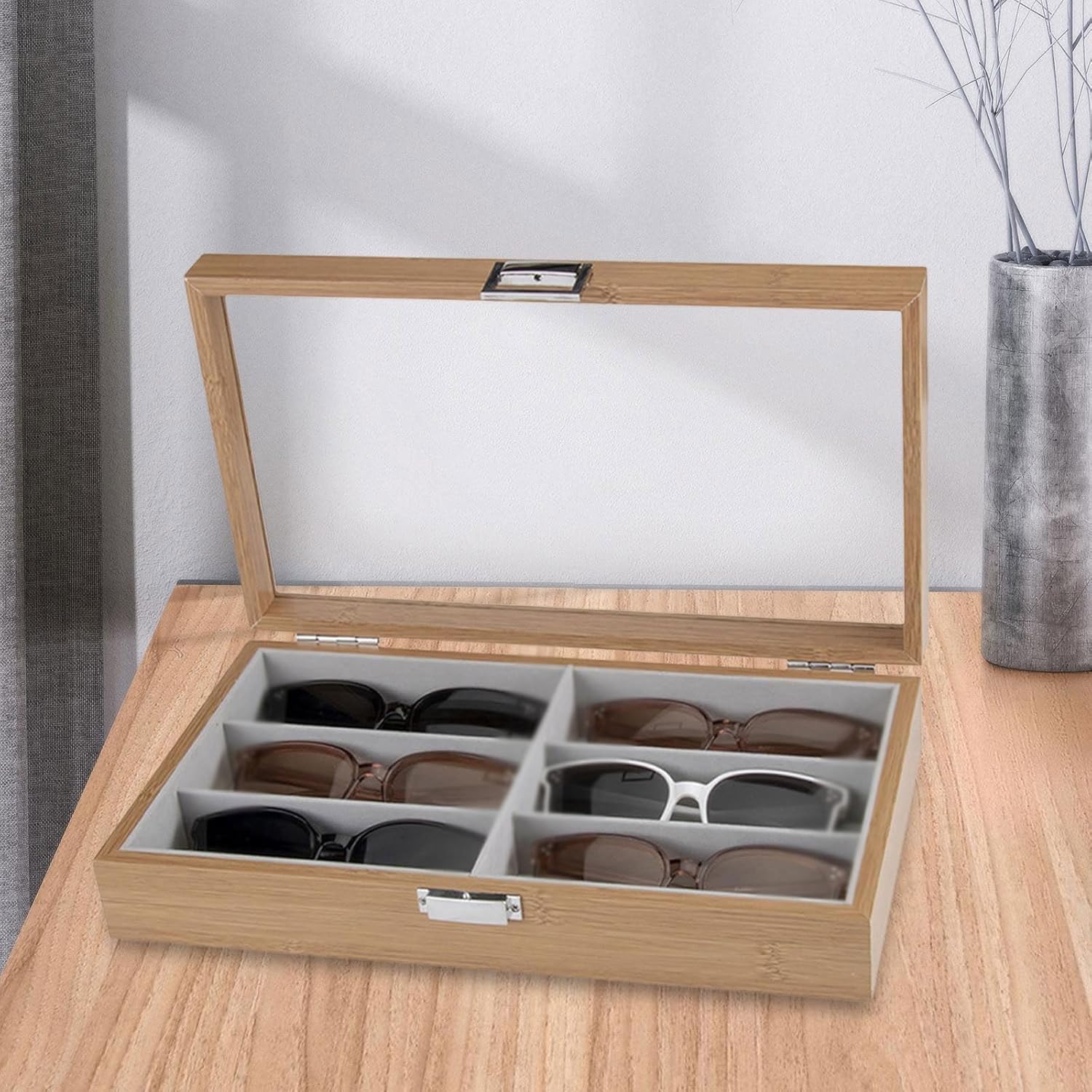 6-Slot Wood Sunglasses Organizer Eyeglasses Jewelry Watch Display Holder Collection Case