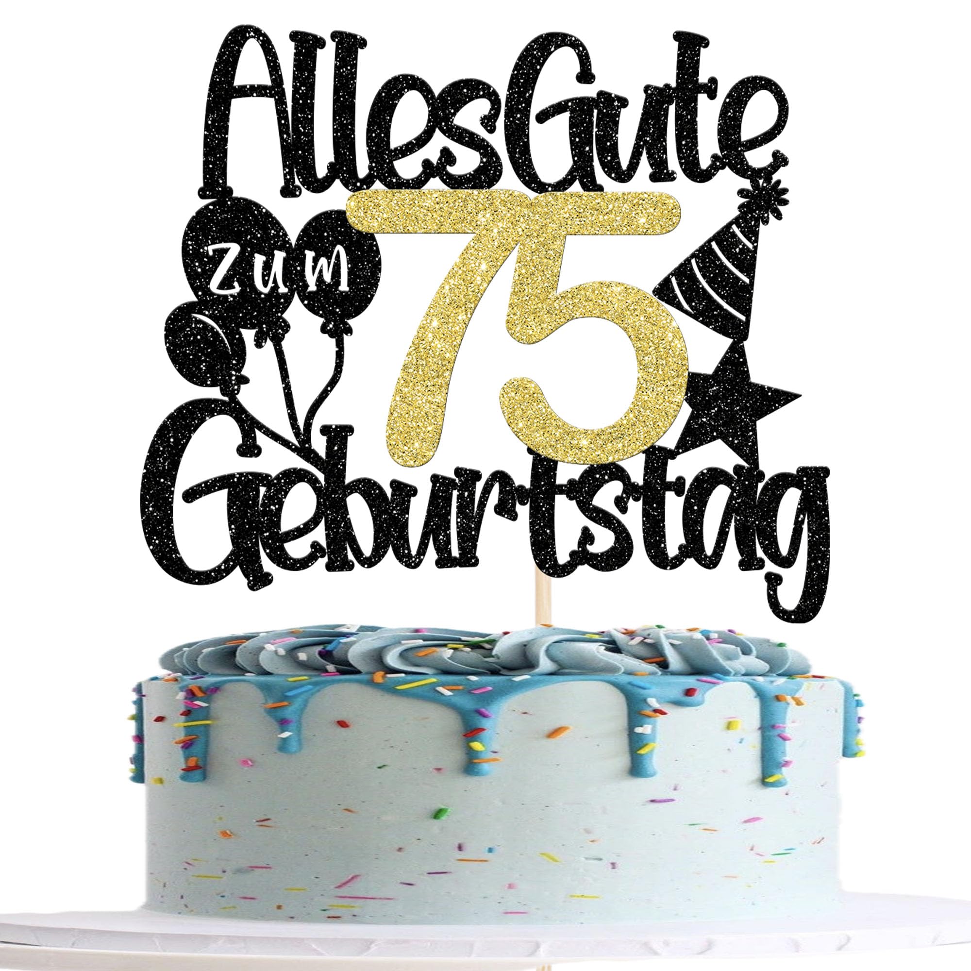 1 Stück Alles Gute zum 75 Geburtstag Tortendeko 75th Luftballon Hut Muster Kuchen Deko Happy Birthday Cake Topper für 75th Geburtstag Jahrestag Party Kuchen Dekoration Schwarz Gold