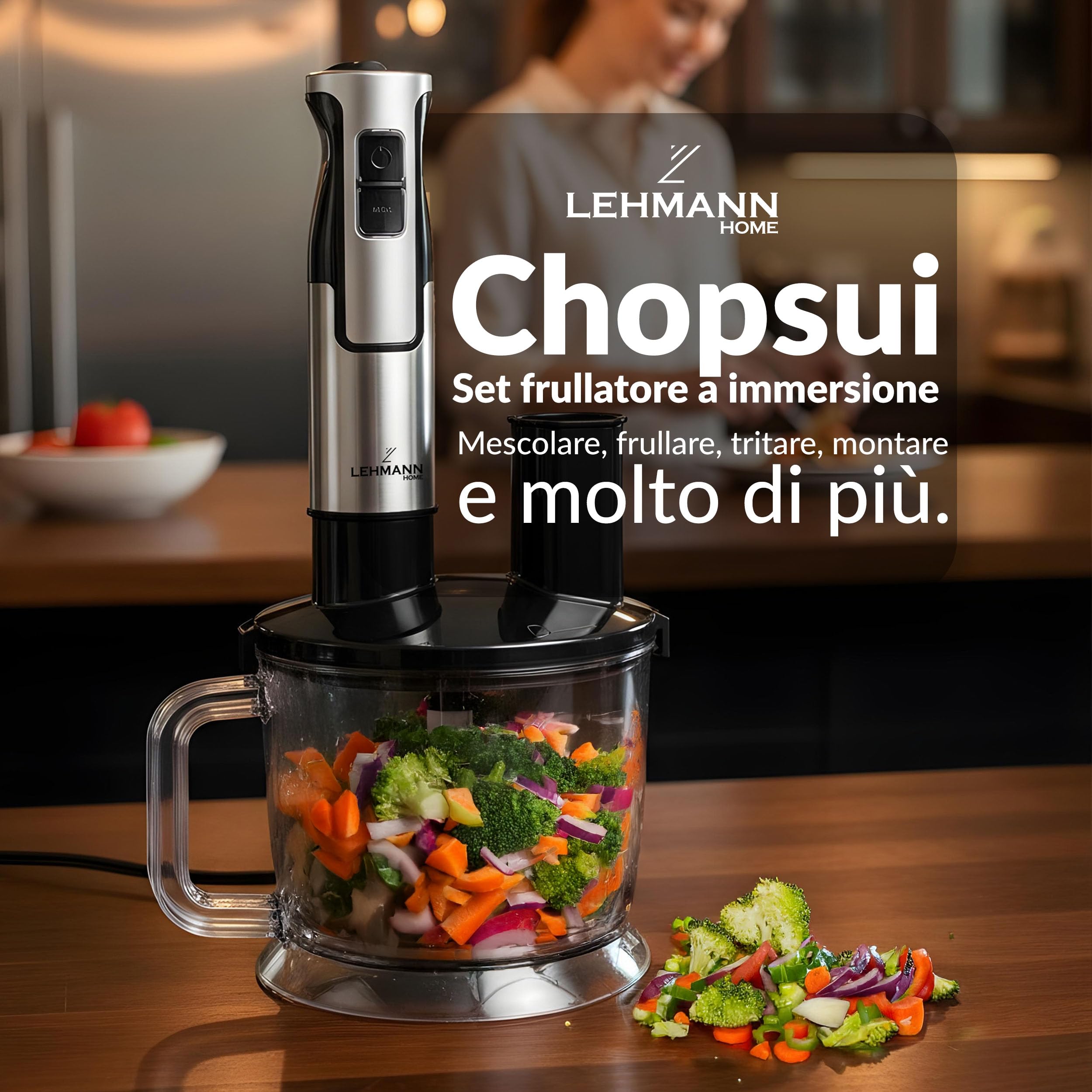LEHMANN Chopsui Frullatore a Immersione 1200 W - Set 7-in-1-9 Accessori - Misurino da 860 ml - Regolazione Velocità a 8 Livelli - Funzione Turbo - 15000 U/min - Senza BPA - Lama Dorata