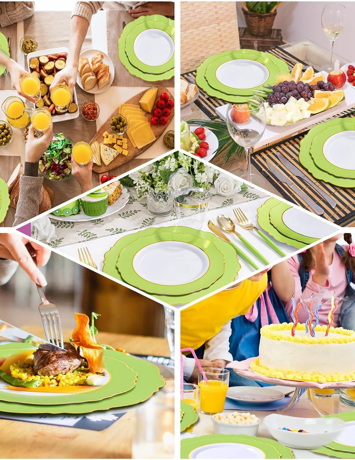 WDF 150Pcs Green Plates Disposable - Baroque Green and Gold Plates - 25Guest Plastic Dinnerware Ideal for Party/Spring/Picnic/Easter