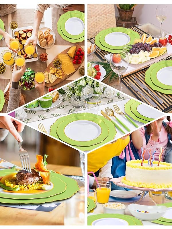 WDF 150Pcs Green Plates Disposable - Baroque Green and Gold Plates - 25Guest Plastic Dinnerware Ideal for Weding/Party/Birthday/Spring by WDF - Image 5