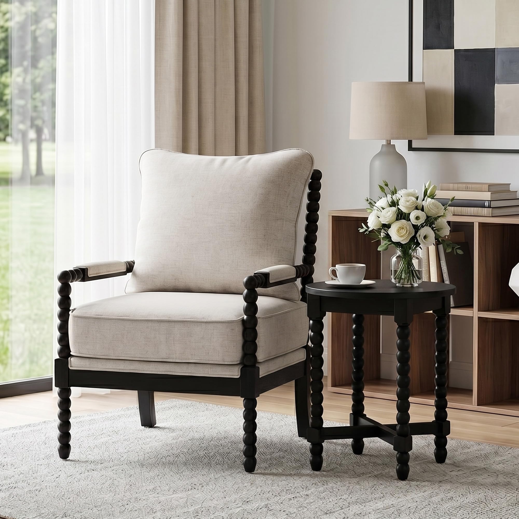 DUHOME linen fabric spindle accent chair black cream
